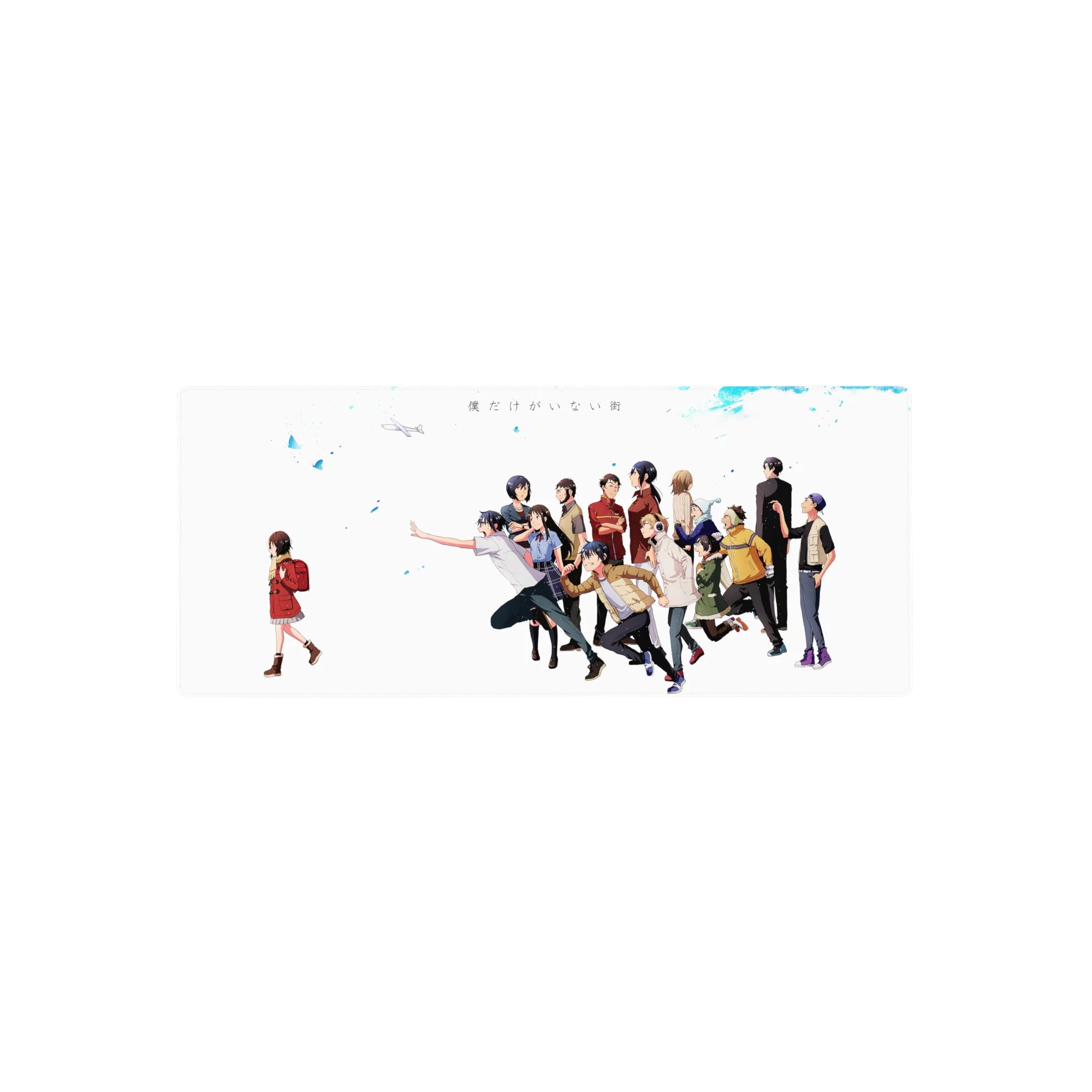 Erased anime mouse pad 28x12 inches with Kayo and friends on a clean white, emotional group design.