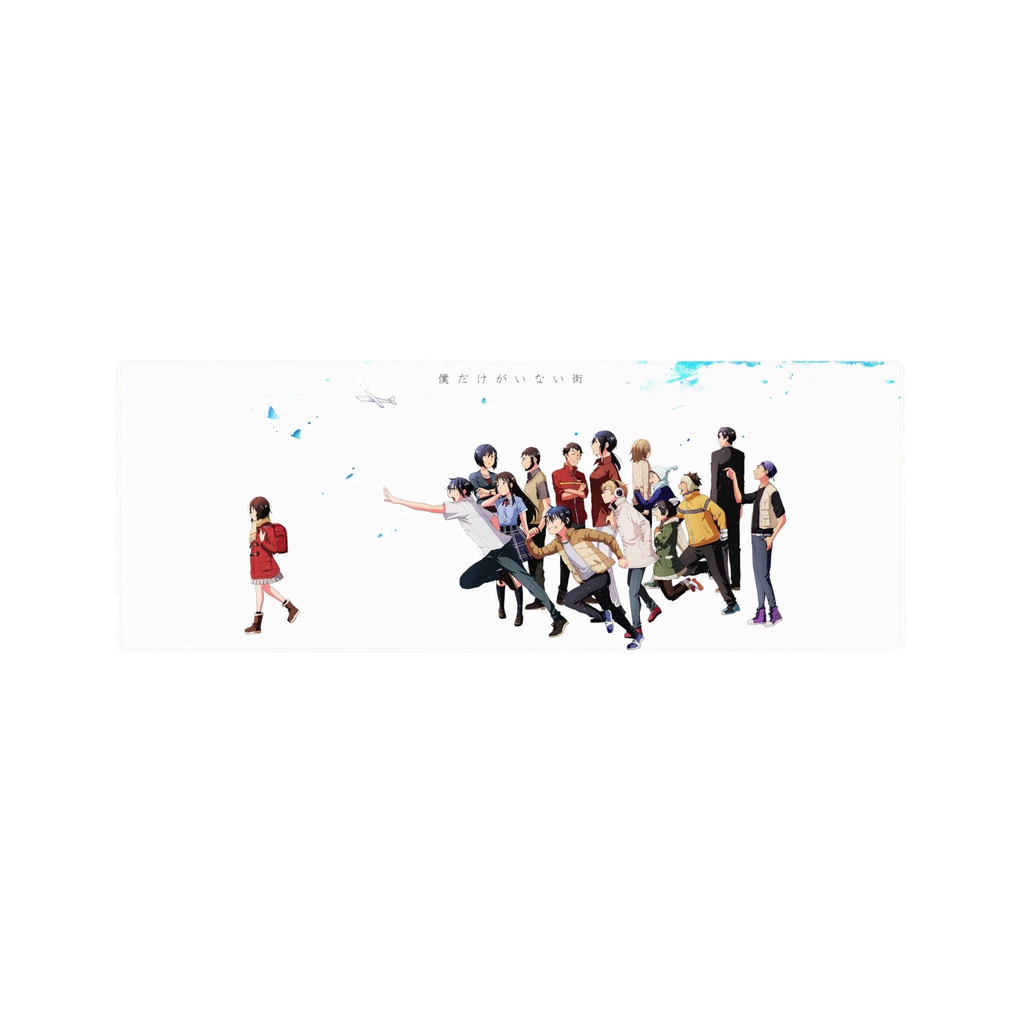Erased anime mouse pad 32x12 inches with Kayo and friends on a clean white, emotional group design.