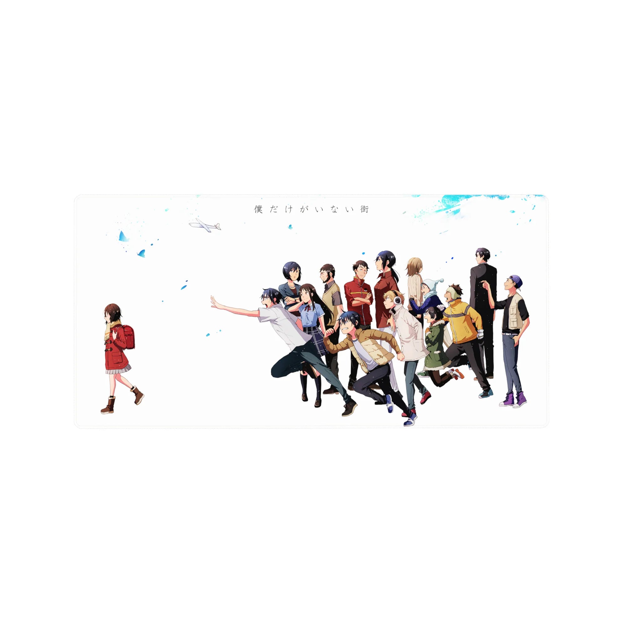 Erased anime mouse pad 32x16 inches with Kayo and friends on a clean white, emotional group design.