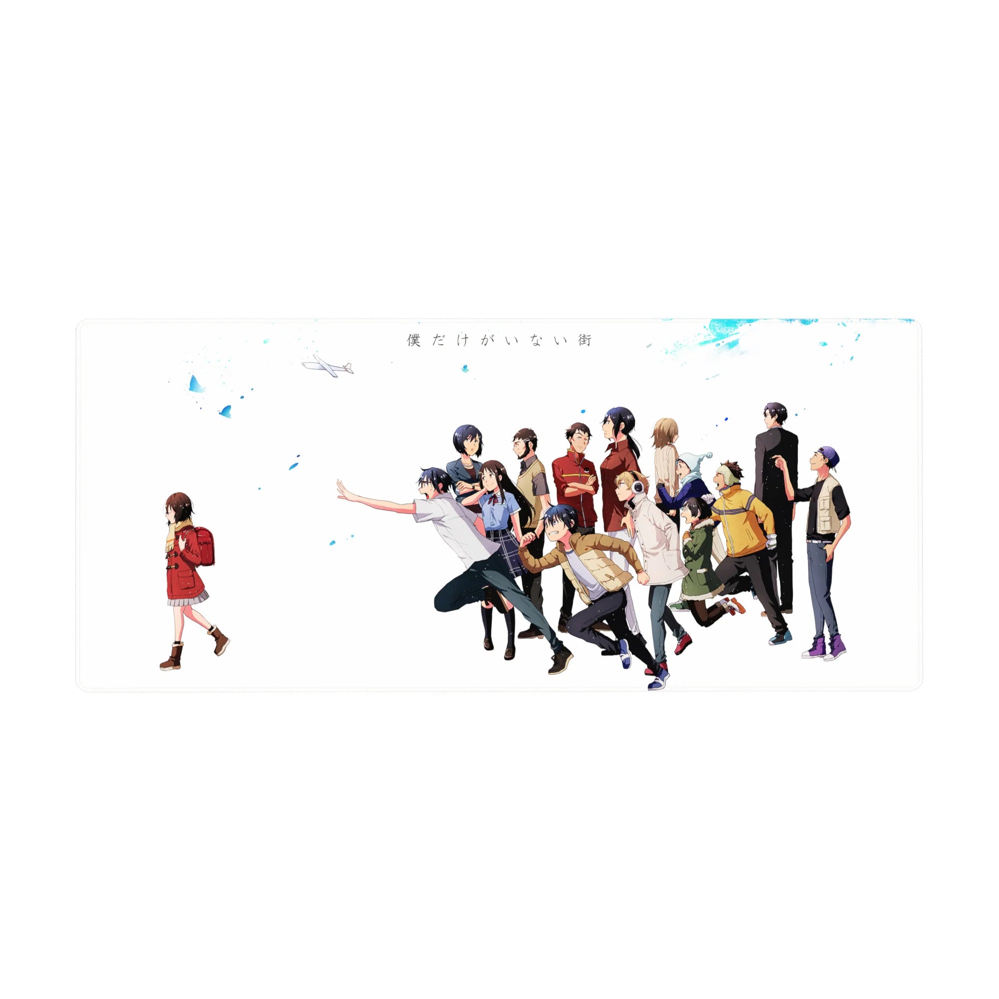 Erased-inspired anime desk pad 36x16 inches with Kayo and friends on a clean white emotional layout.