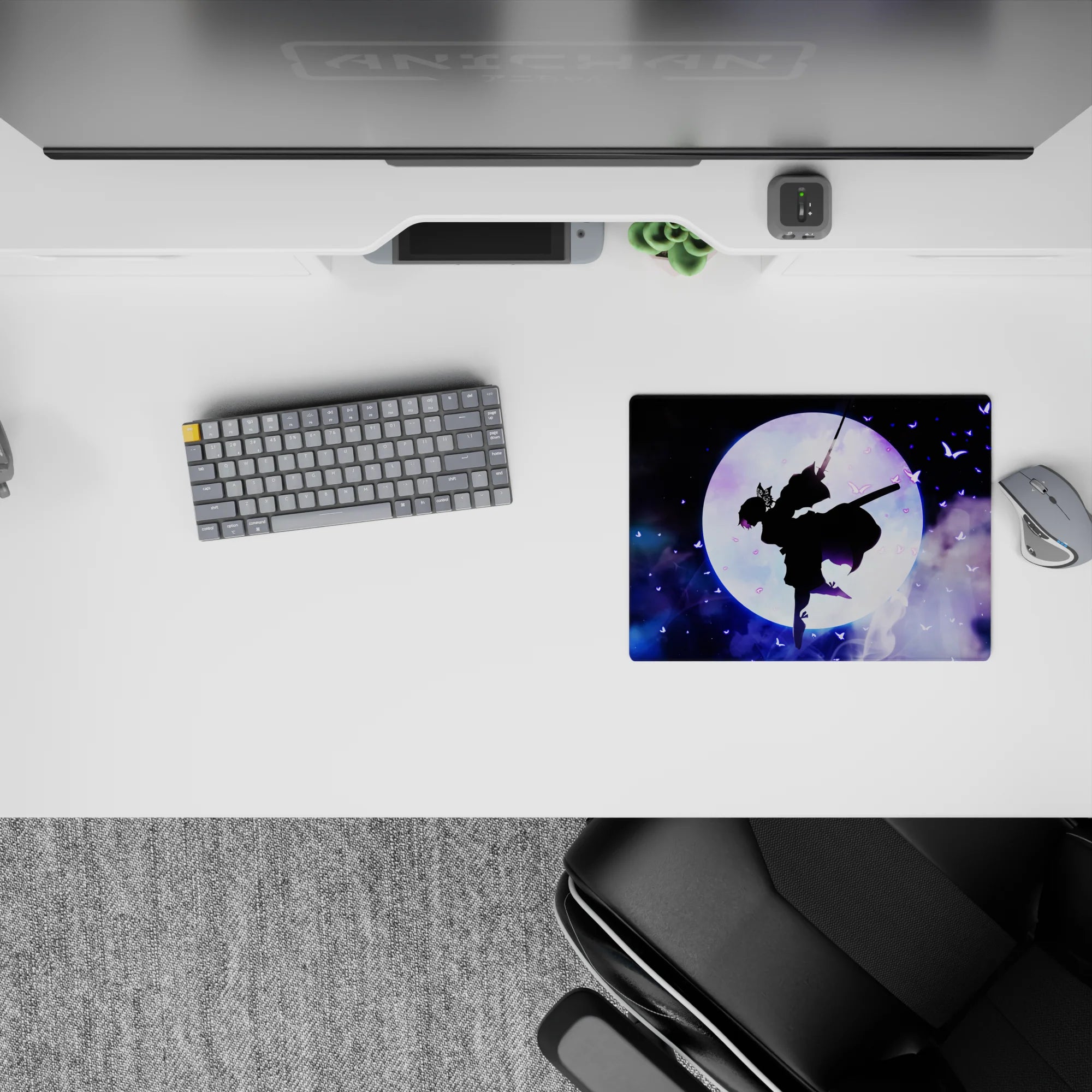 Mouse pad 14x10 inches featuring Shinobu from Demon Slayer against a glowing moon with violet butterflies and cosmic clouds.