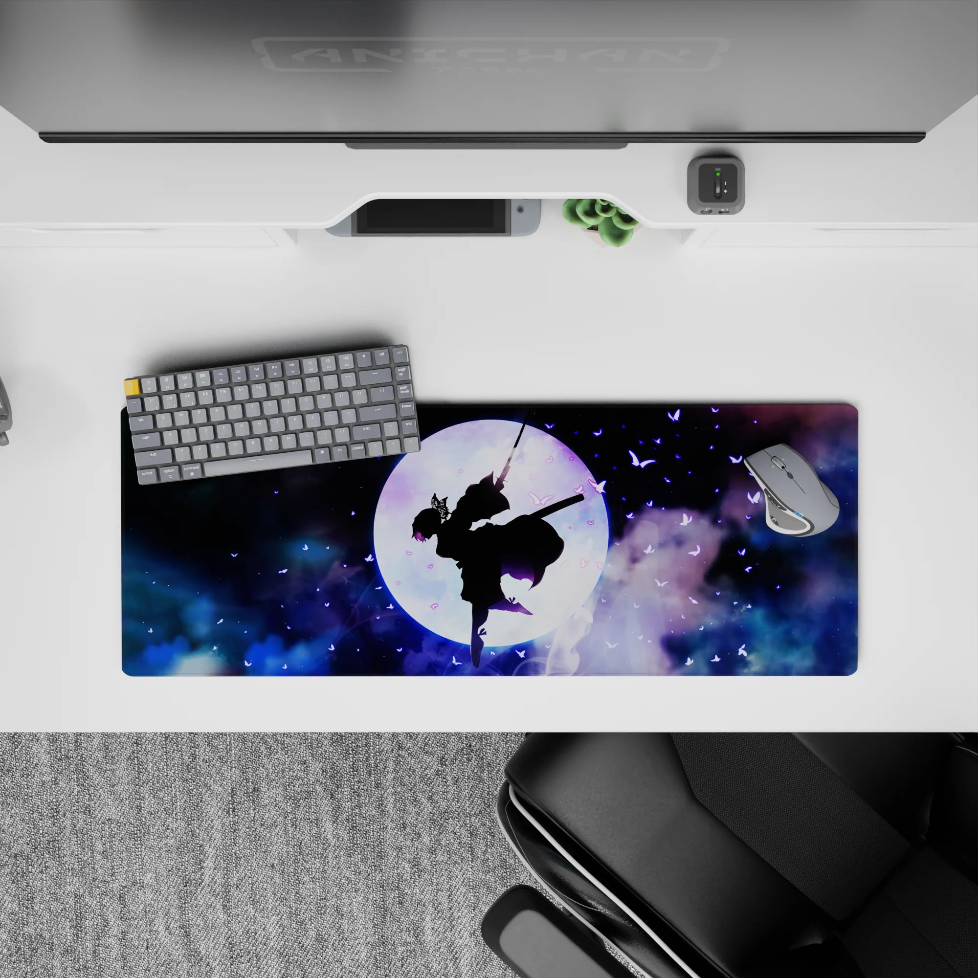 Shinobu silhouette with violet butterflies, cosmic clouds, on a 32x12 inches anime mouse pad inspired by Demon Slayer.