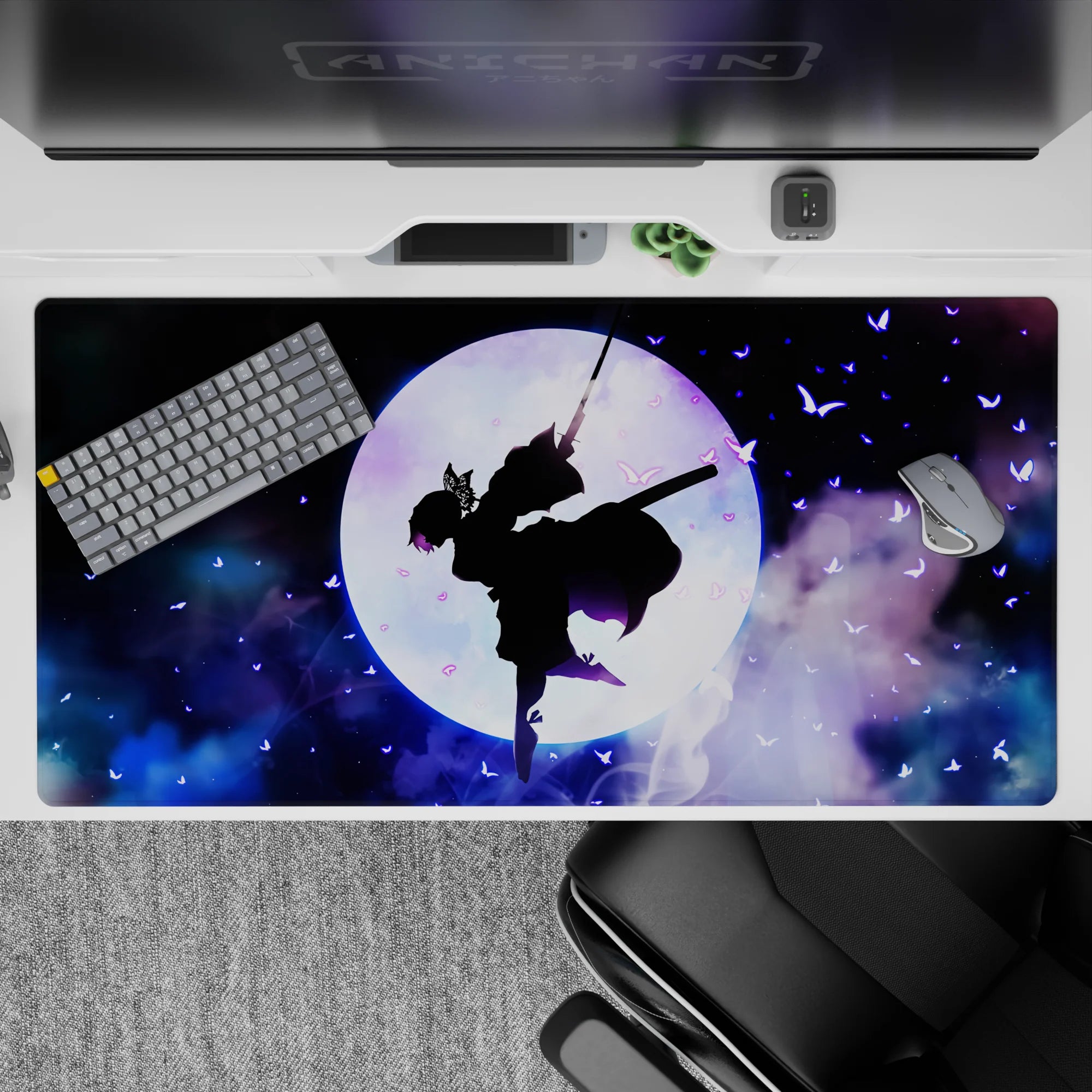 Shinobu from Demon Slayer against a moonlit backdrop with violet butterflies, cosmic clouds; 40x20 inch anime mouse pad.