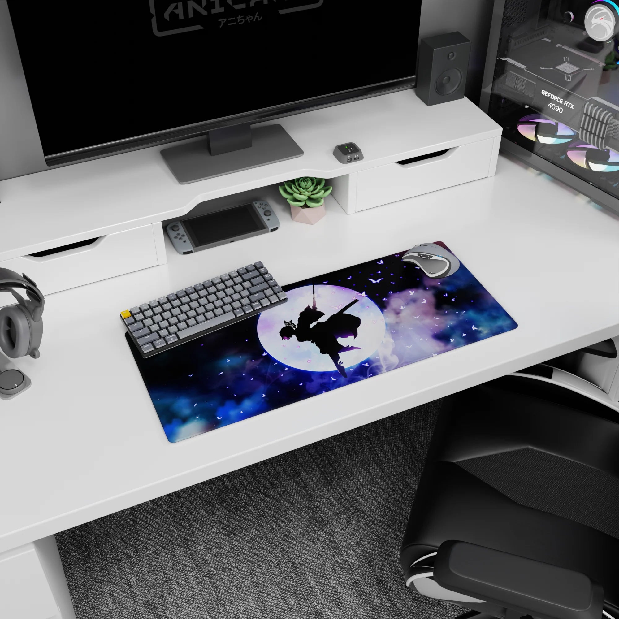 Mouse pad 28x12 inches featuring Shinobu from Demon Slayer amidst violet butterflies and cosmic clouds under a glowing moon.