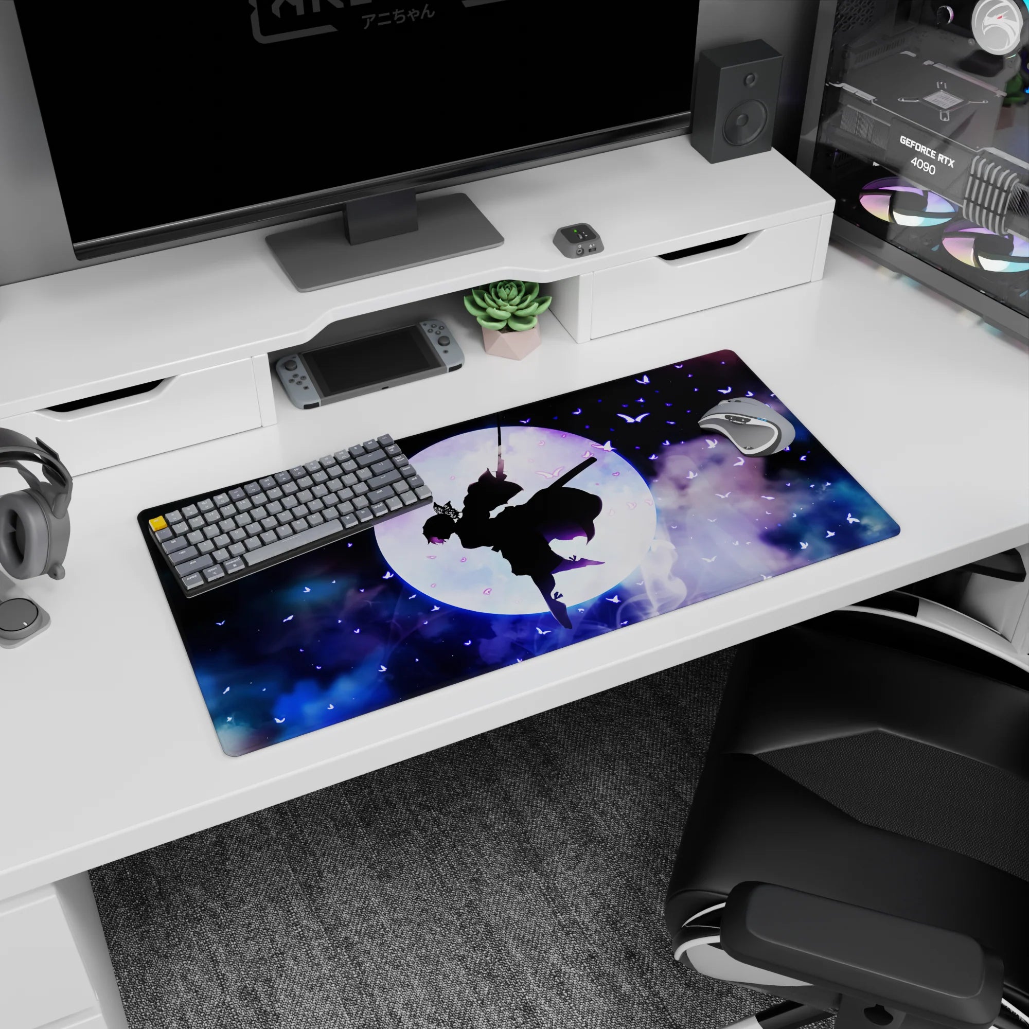 Shinobu from Demon Slayer on a 32x16 inch mouse pad, surrounded by violet butterflies and cosmic clouds, under a glowing moon.