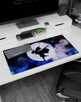 Shinobu from Demon Slayer on a 32x16 inch mouse pad, surrounded by violet butterflies and cosmic clouds, under a glowing moon.