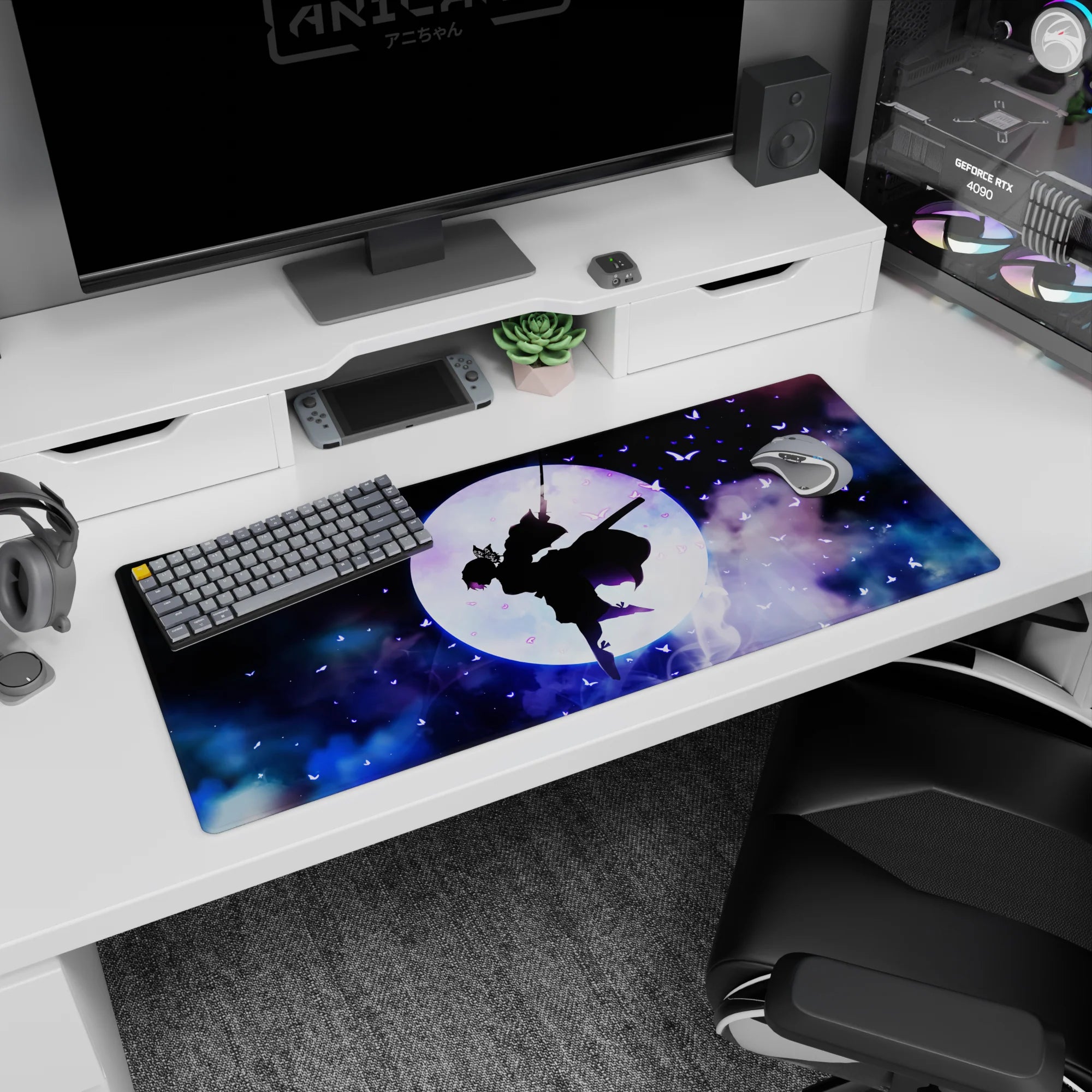 Shinobu silhouette on 36x16 inch desk pad with violet butterflies and cosmic clouds, inspired by Demon Slayer.