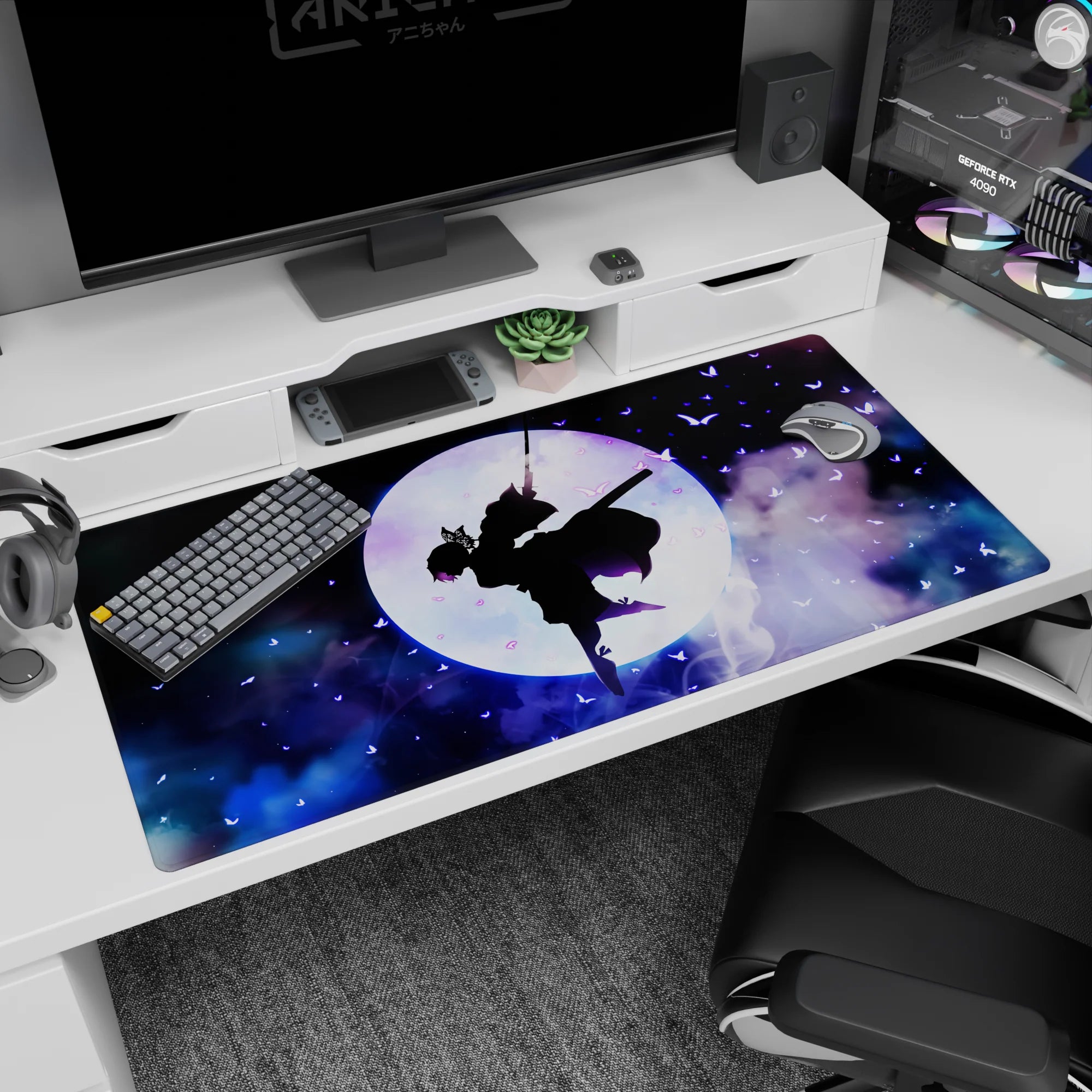 Shinobu silhouette with violet butterflies and cosmic clouds on a 40x20 inch Demon Slayer anime desk pad.