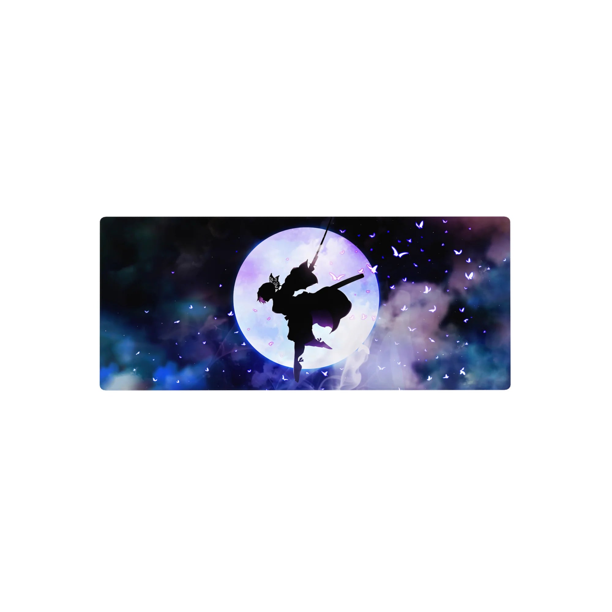 Mouse pad 28x12 inches featuring Shinobu from Demon Slayer with a glowing moon, violet butterflies, and cosmic clouds.