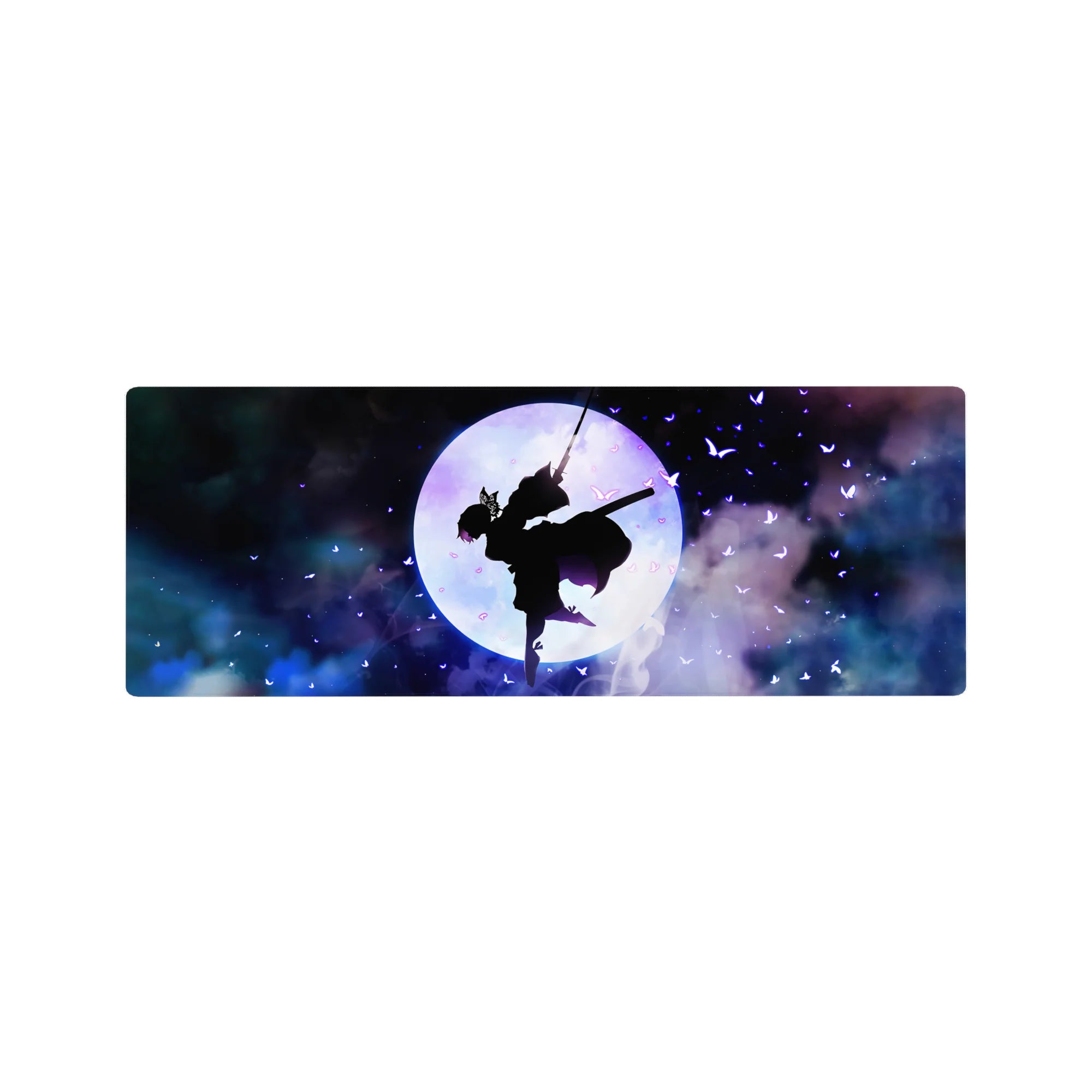 Shinobu silhouette mouse pad, 32x12 inches, features Demon Slayer theme with violet butterflies and cosmic clouds against a glowing moon.
