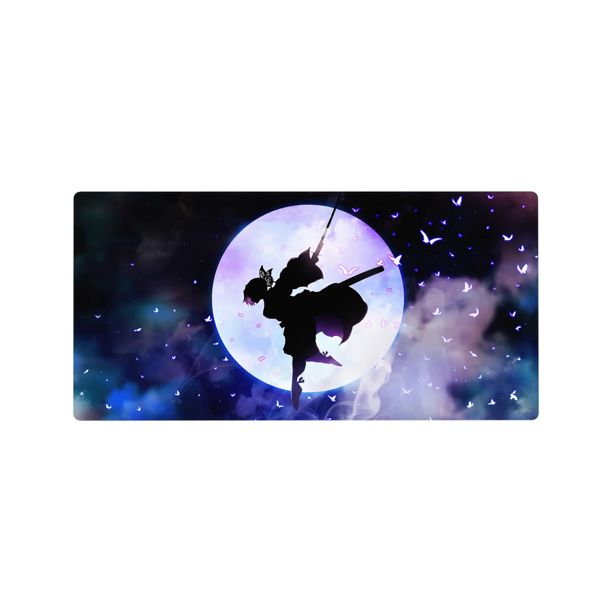 Shinobu silhouette on 32x16 inch mouse pad, surrounded by violet butterflies and cosmic clouds, inspired by Demon Slayer.