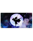 Shinobu silhouette on 32x16 inch mouse pad, surrounded by violet butterflies and cosmic clouds, inspired by Demon Slayer.