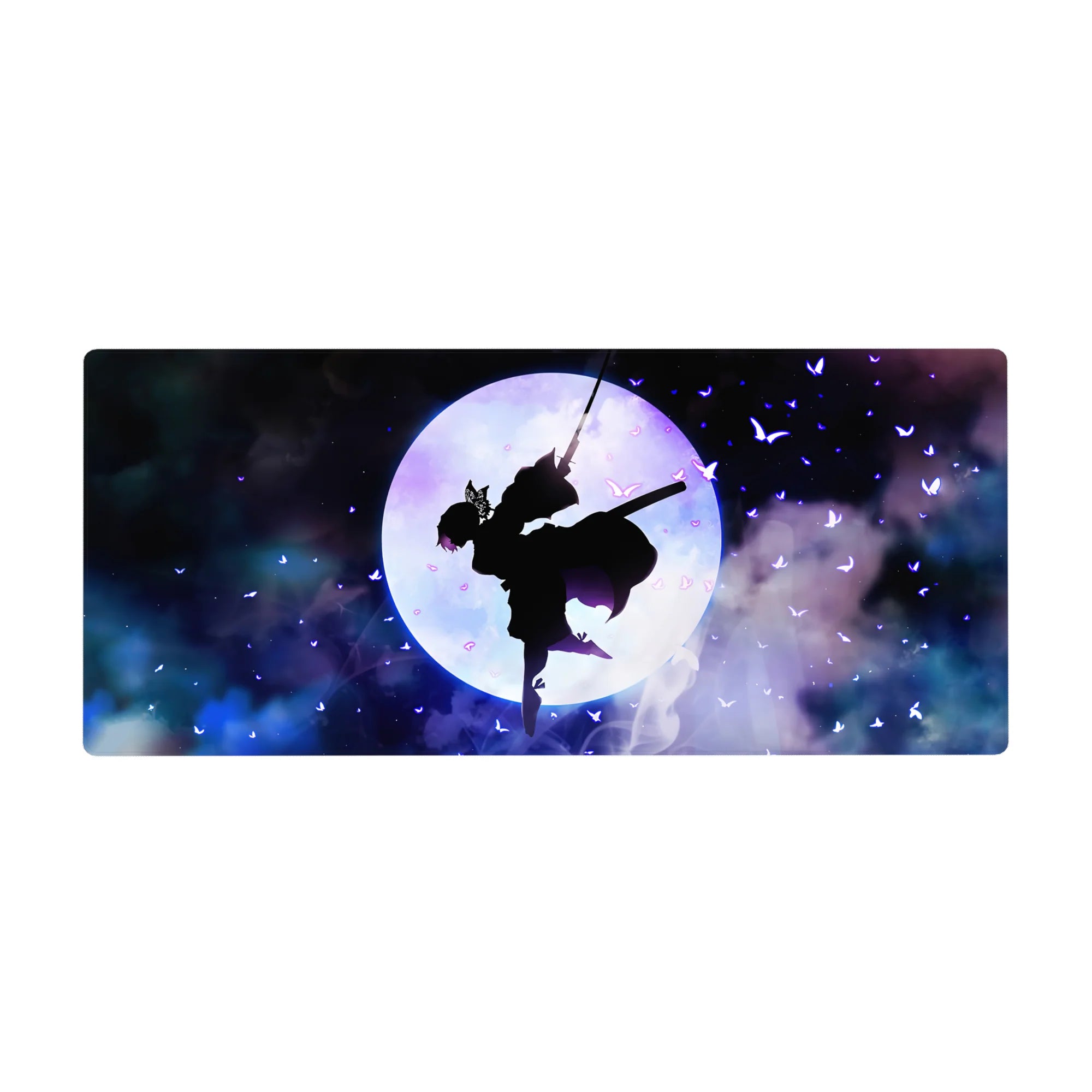 Shinobu from Demon Slayer floats against a glowing moon with violet butterflies, on a 36x16 inch desk pad.