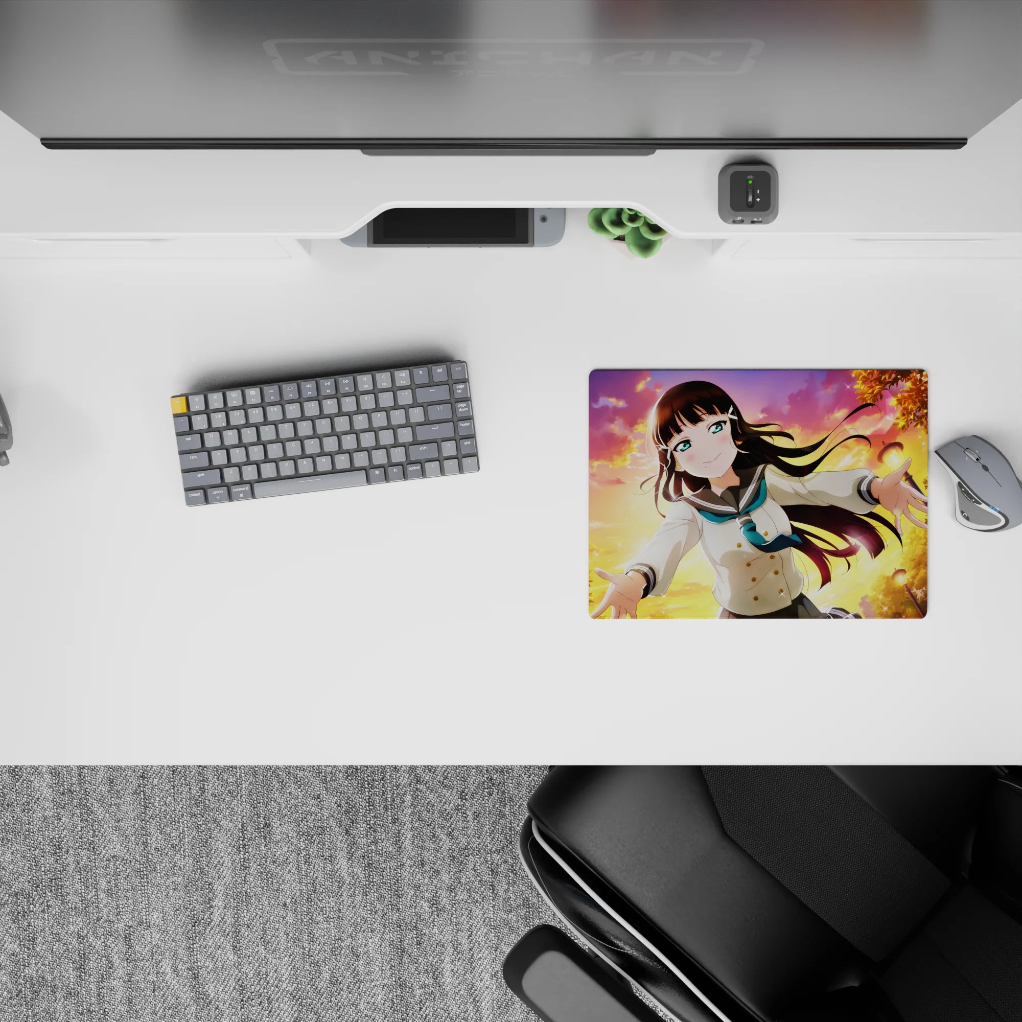 Warm sunset glow anime girl mouse pad 14x10 inches in peach, violet, and gold with magical light specks.