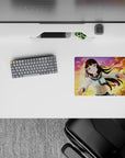 Warm sunset glow anime girl mouse pad 14x10 inches in peach, violet, and gold with magical light specks.