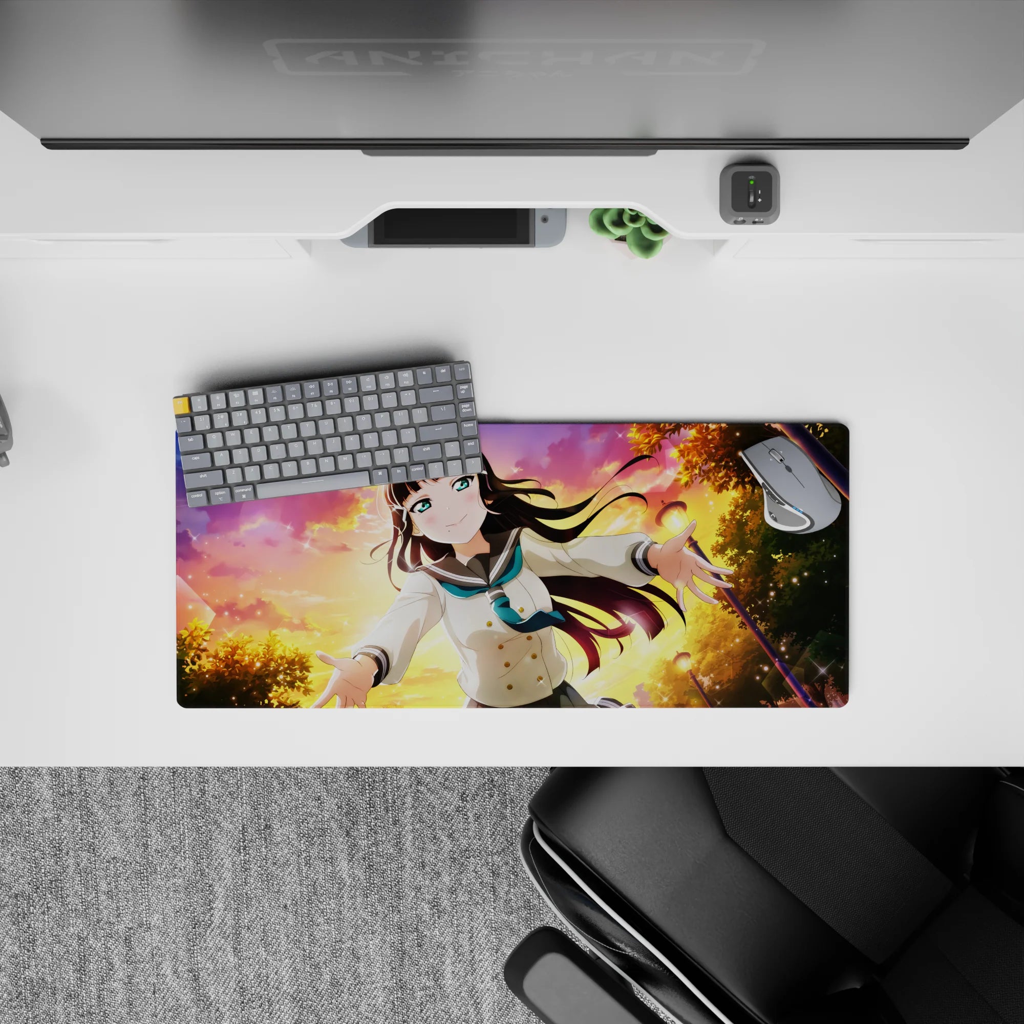 28x12 inches anime mouse pad in peach, violet, and gold sunset glow with sparkly light flecks.