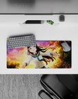28x12 inches anime mouse pad in peach, violet, and gold sunset glow with sparkly light flecks.