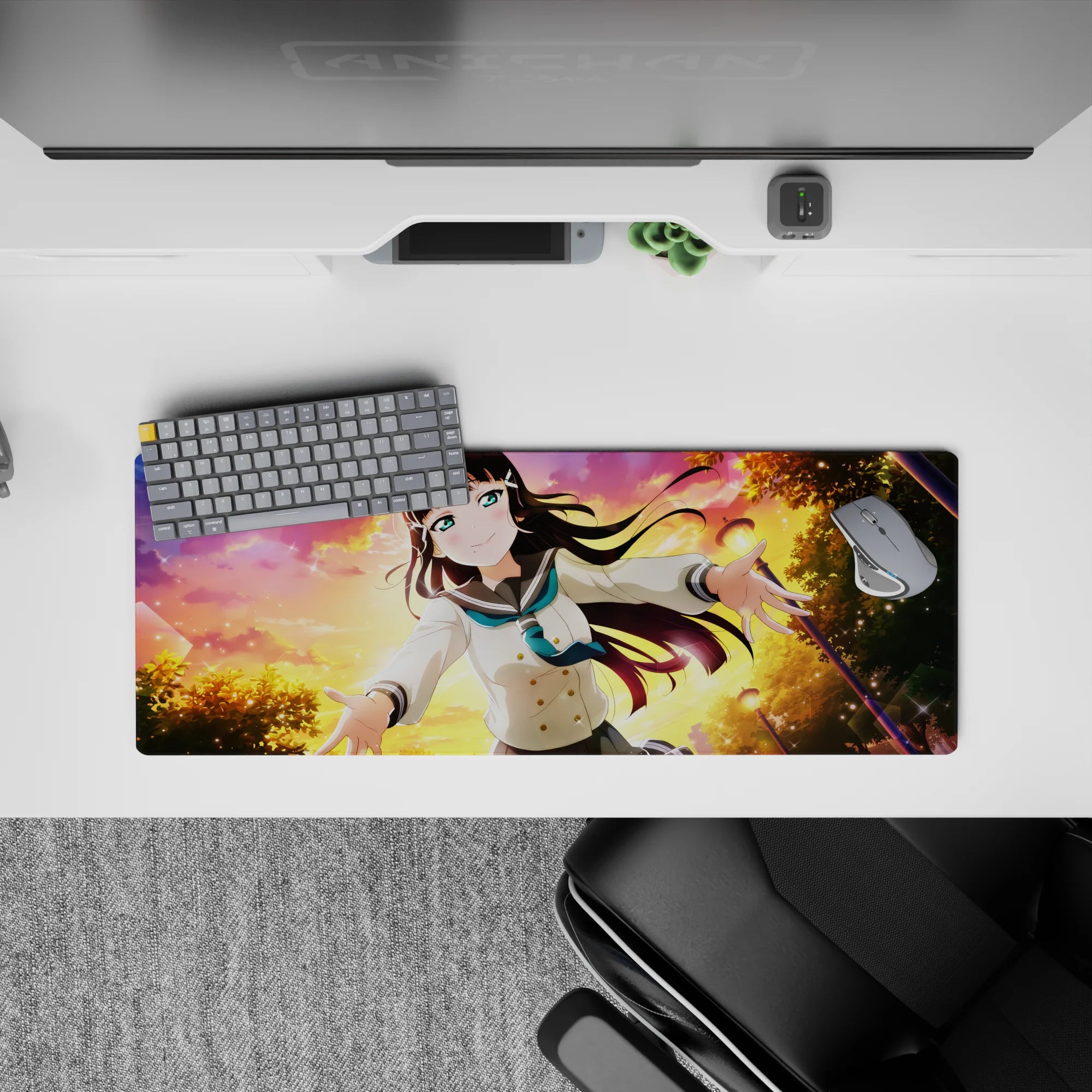 32x12 inches anime desk mat in peach, violet, and gold sunset glow with magical sparkles.