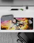 32x12 inches anime desk mat in peach, violet, and gold sunset glow with magical sparkles.