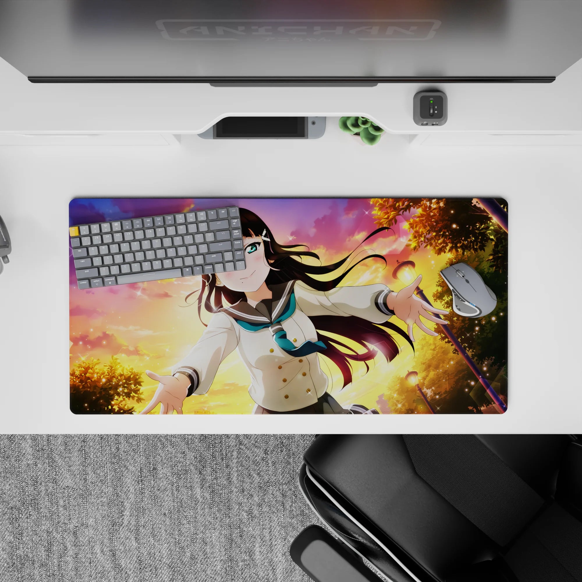 32x16 inches anime girl mouse pad in peach, violet, and gold sunset tones with sparkly light flecks.