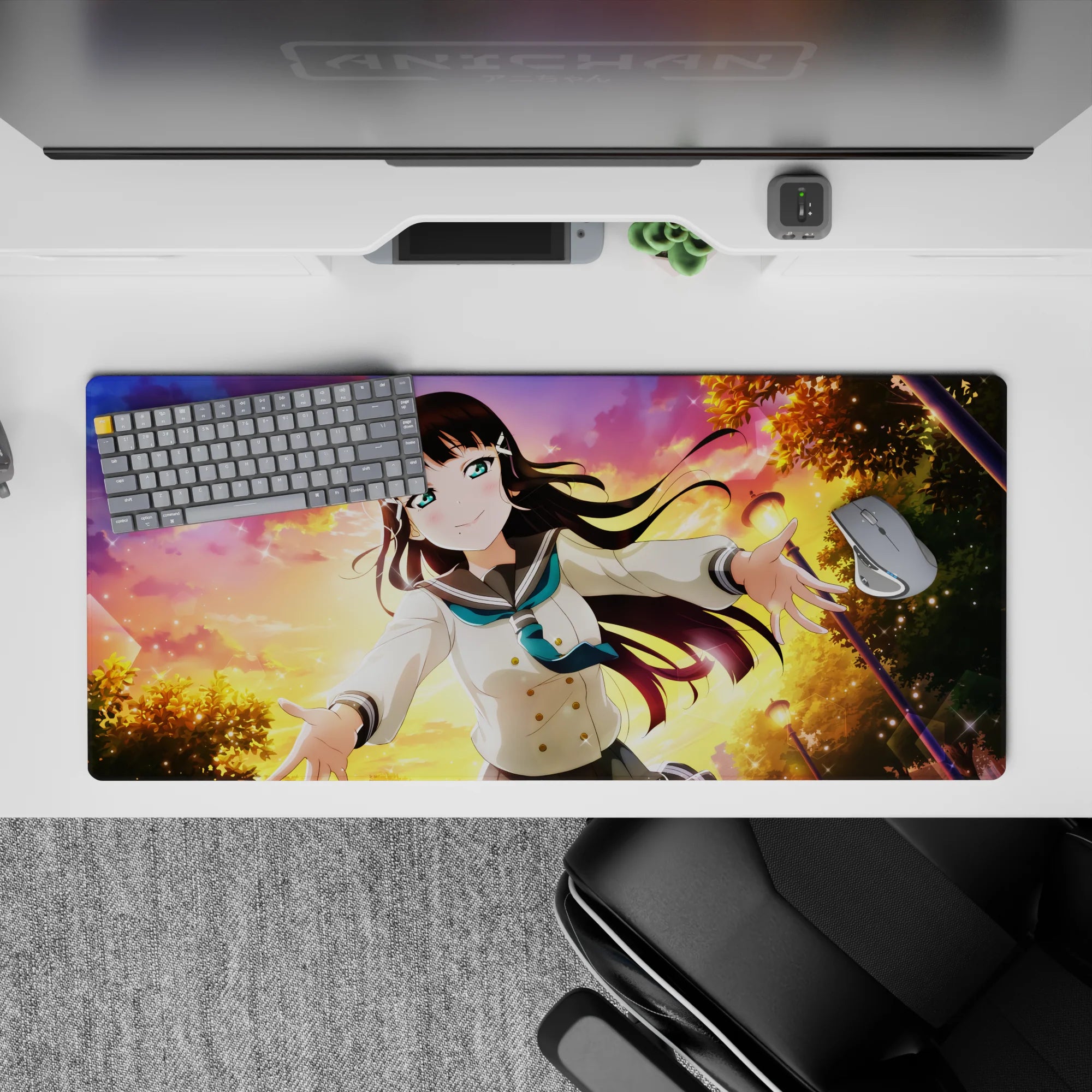 36x16 inches anime desk pad in peach, violet, and gold sunset tones with sparkly light flecks.