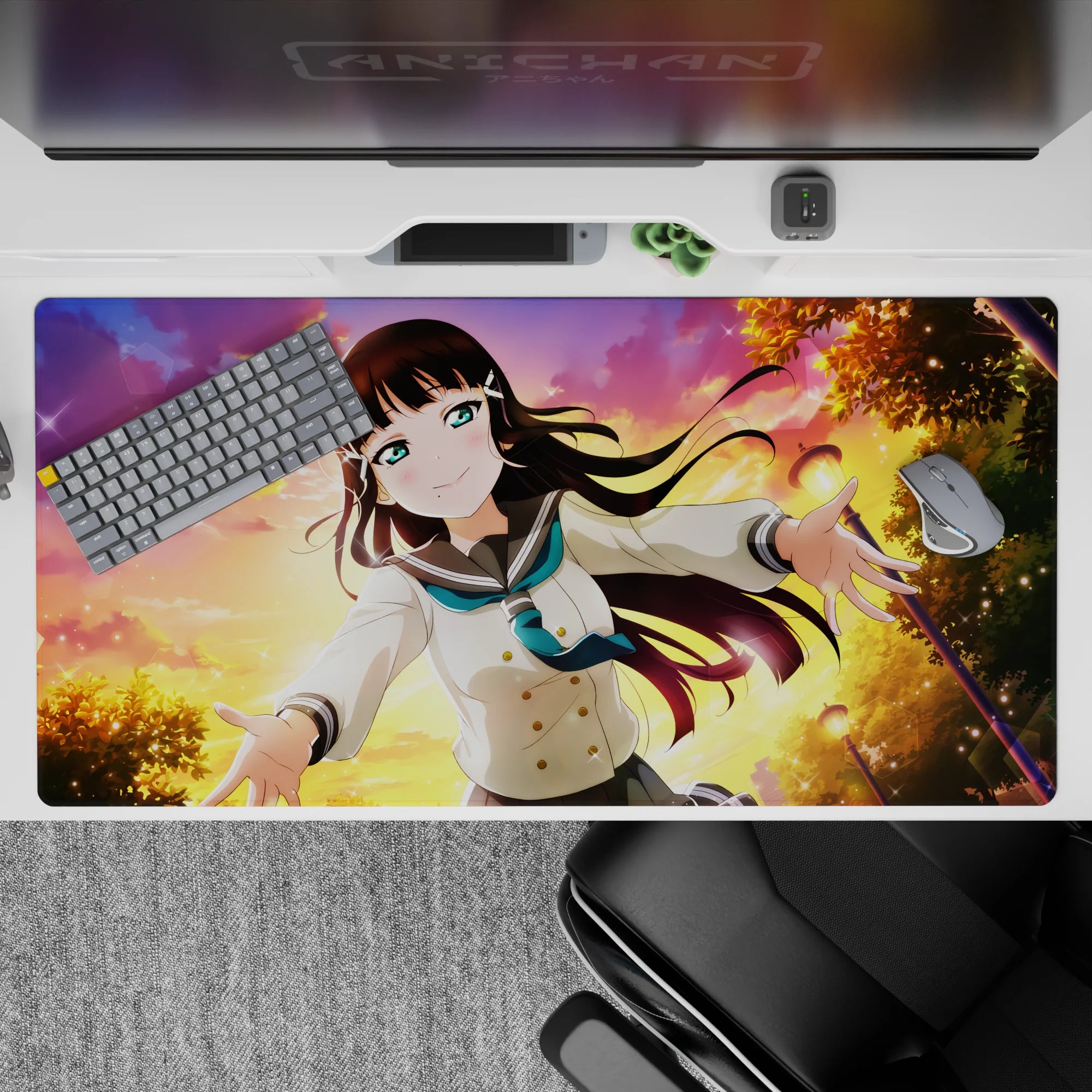 Warm peach-violet-gold sunset anime desk pad 40x20 inches with sparkly light flecks.
