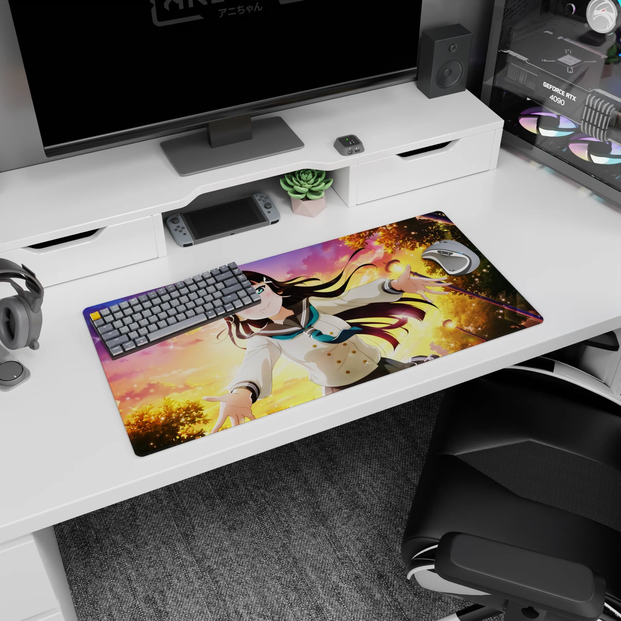 32x16 inches anime schoolgirl mouse pad reaching out, wind-swept dark hair, crisp uniform, inviting scene.