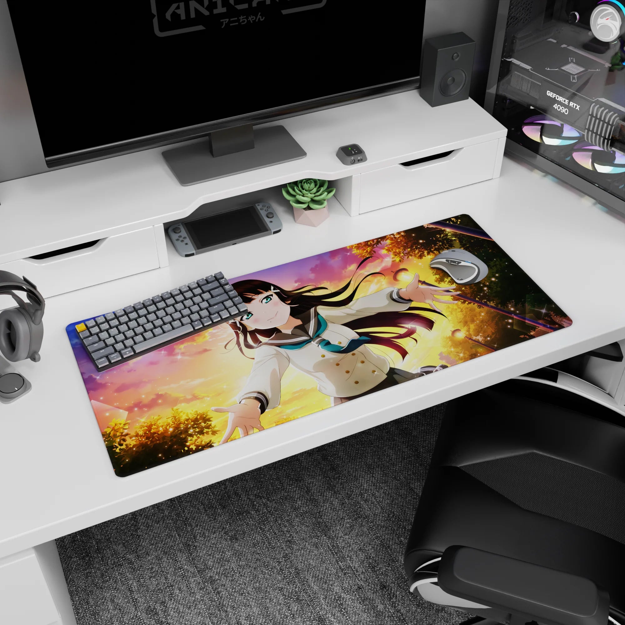 Schoolgirl reaching forward scene on a 36x16 inches anime mouse pad, wind-swept dark hair and uniform.