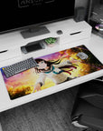 Schoolgirl reaching forward scene on a 36x16 inches anime mouse pad, wind-swept dark hair and uniform.