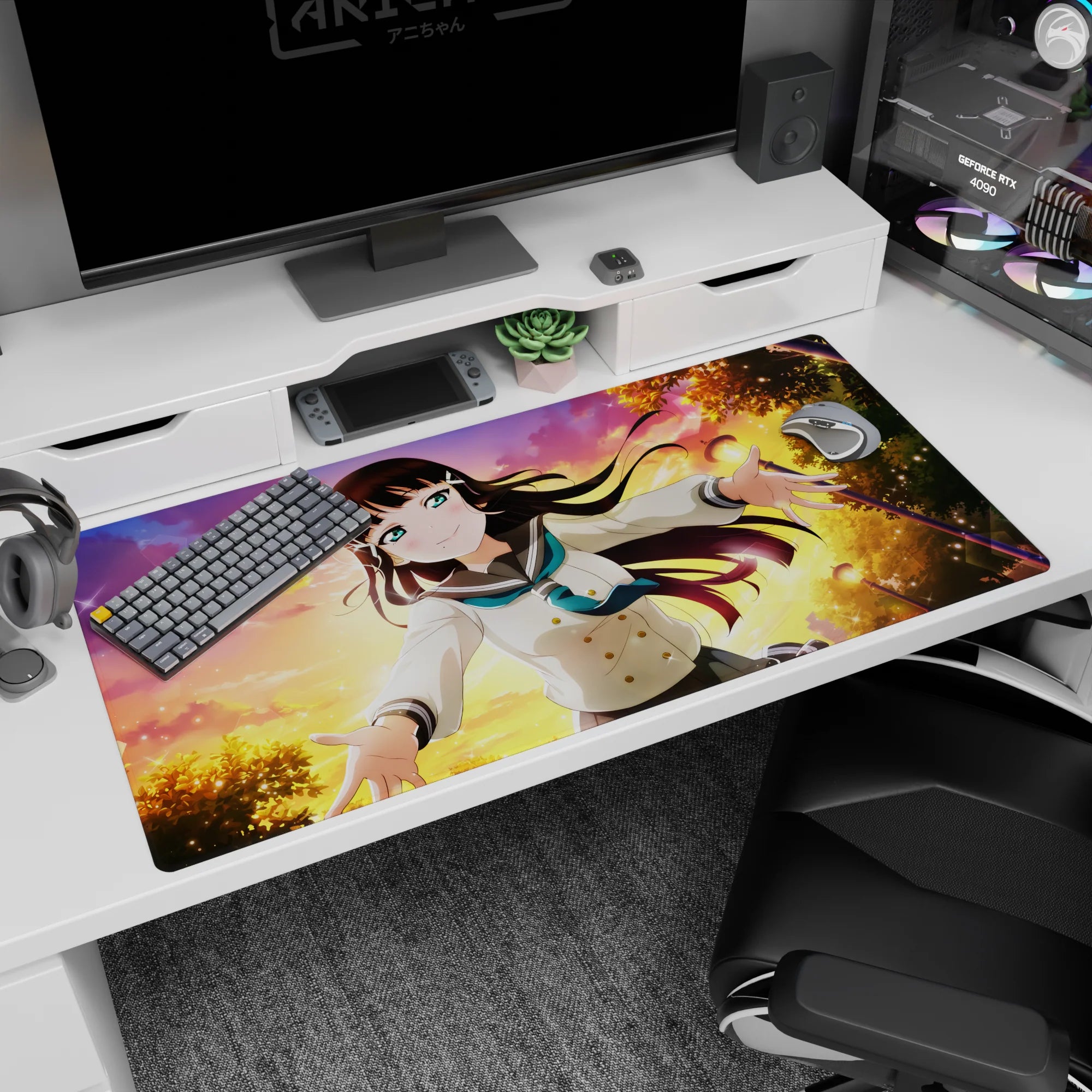 Schoolgirl reaching toward you, teal sailor collar and wind-swept dark hair desk pad 40x20 inches.