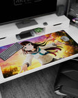 Schoolgirl reaching toward you, teal sailor collar and wind-swept dark hair desk pad 40x20 inches.