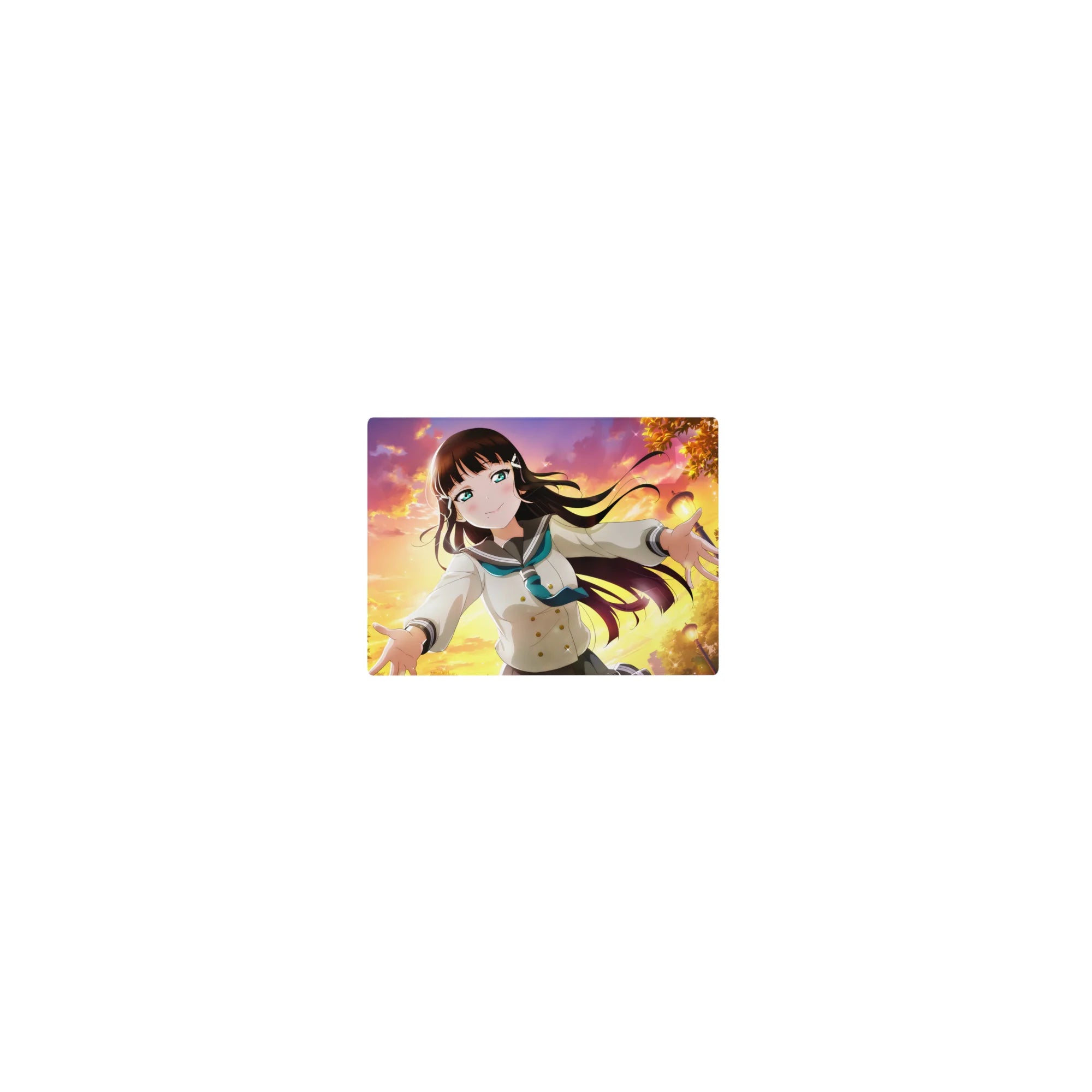 Classic anime girl mouse pad 14x10 inches with schoolgirl in sailor uniform, sunset sky and sparkly flecks.