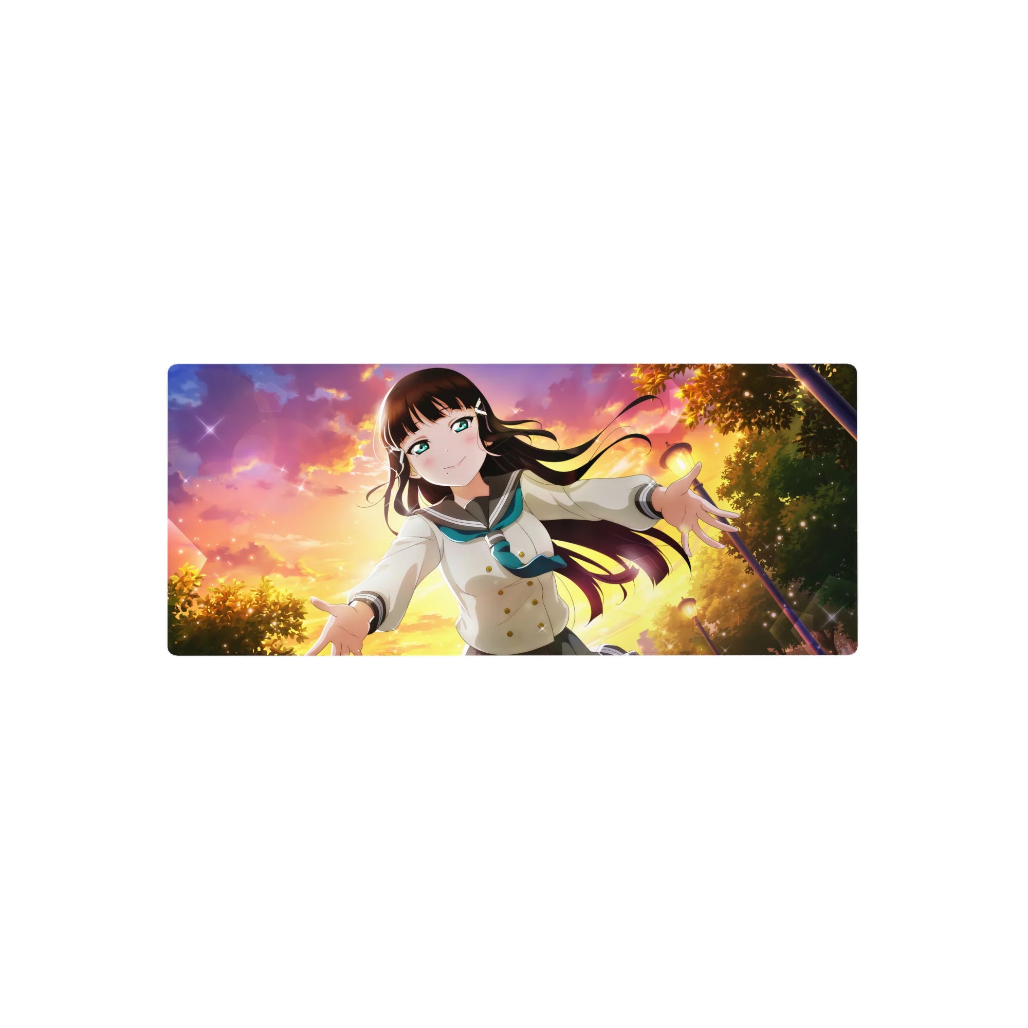 28x12 inches anime girl mouse pad with schoolgirl in sailor uniform, reaching out under sunset sky.
