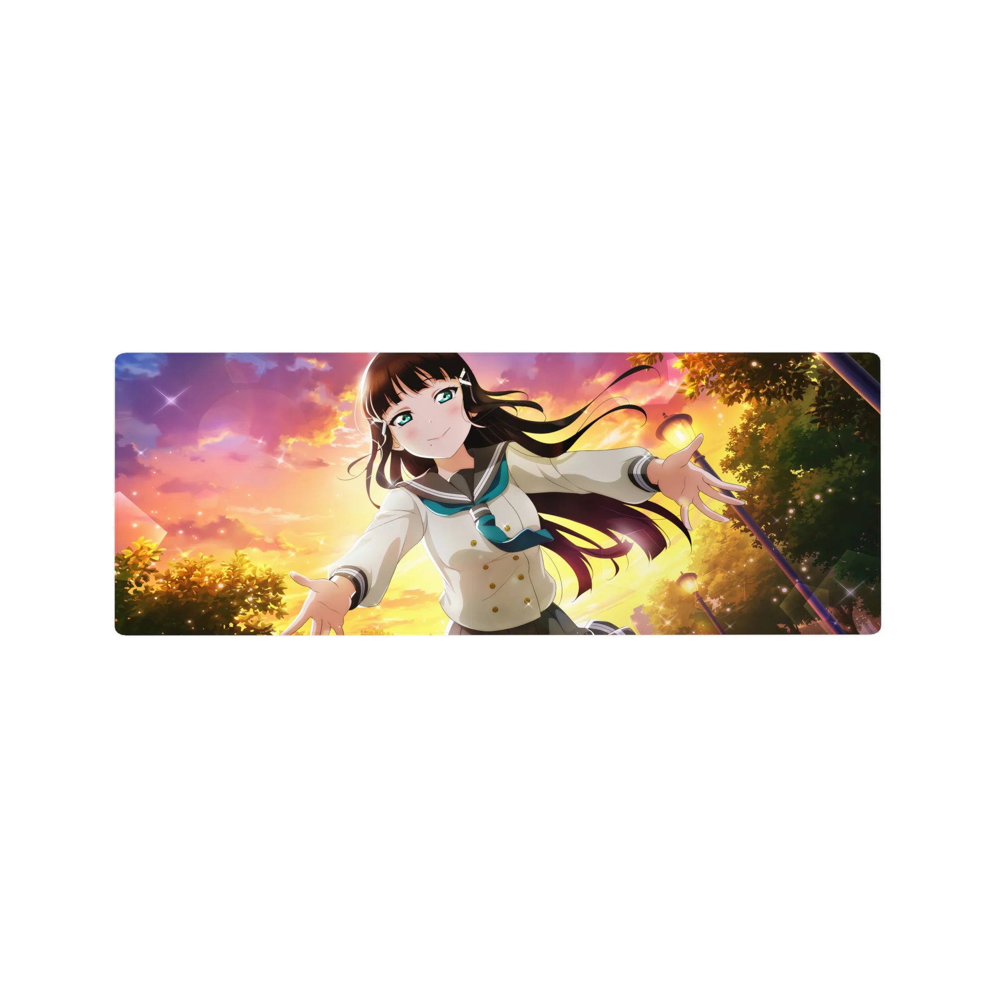 32x12 inches anime girl mouse pad with schoolgirl in sailor uniform, sunset sky, sparkly flecks.