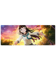 32x12 inches anime girl mouse pad with schoolgirl in sailor uniform, sunset sky, sparkly flecks.