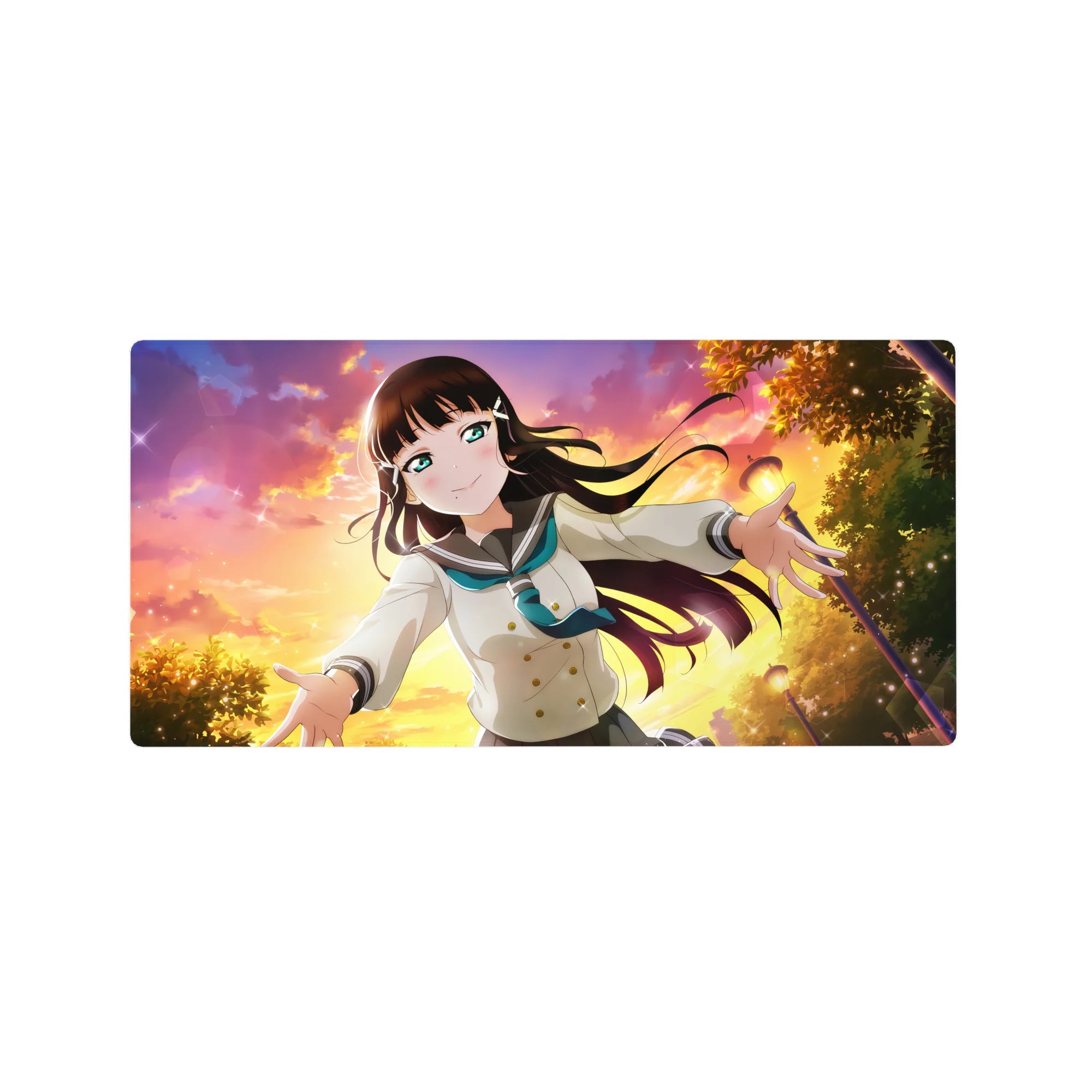 32x16 inches anime girl mouse pad with schoolgirl illustration, teal sailor collar, and sunset sky background.