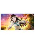 32x16 inches anime girl mouse pad with schoolgirl illustration, teal sailor collar, and sunset sky background.