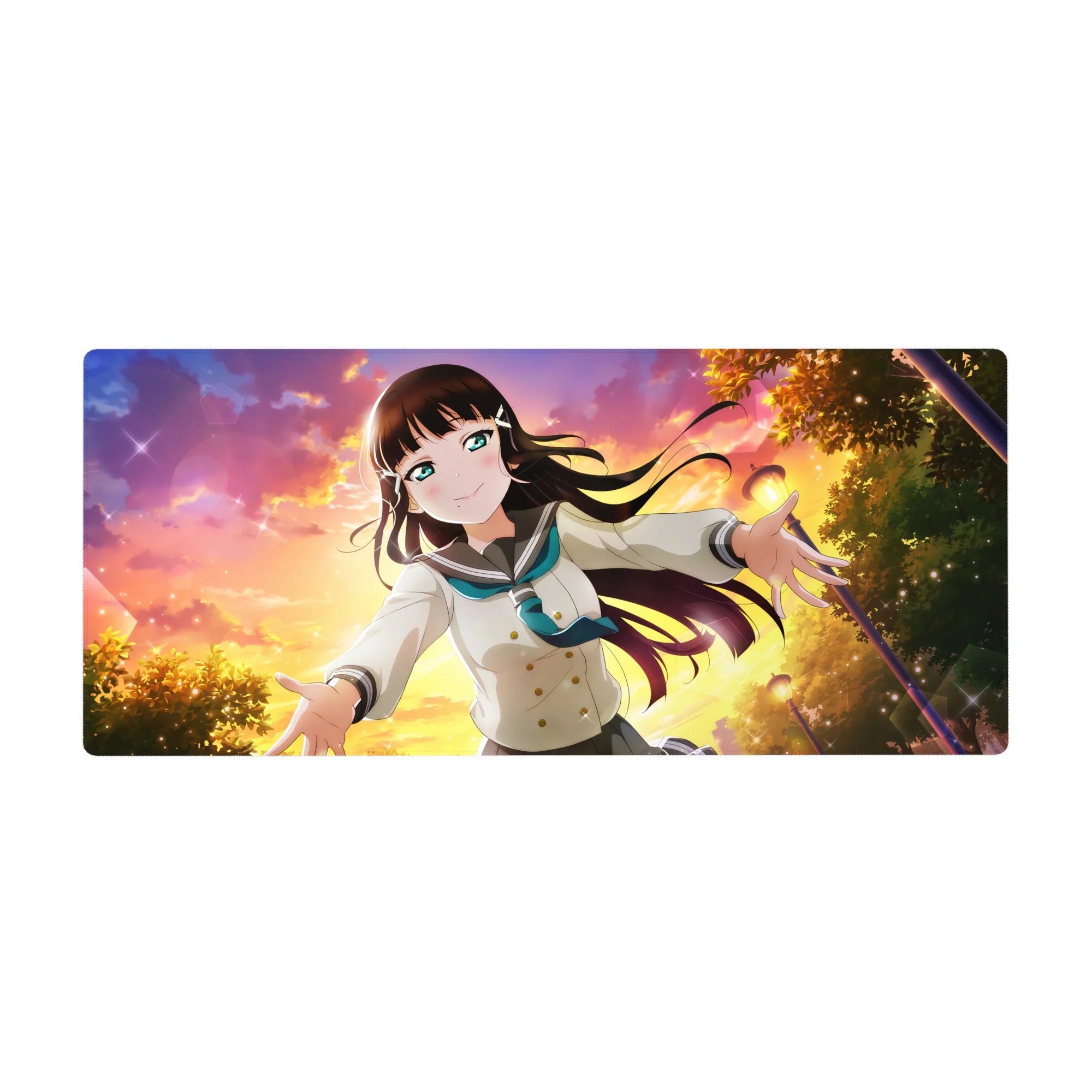 Anime girl desk pad 36x16 inches with schoolgirl artwork, teal sailor collar, and sunset sky backdrop.