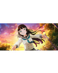 Anime girl desk pad 36x16 inches with schoolgirl artwork, teal sailor collar, and sunset sky backdrop.