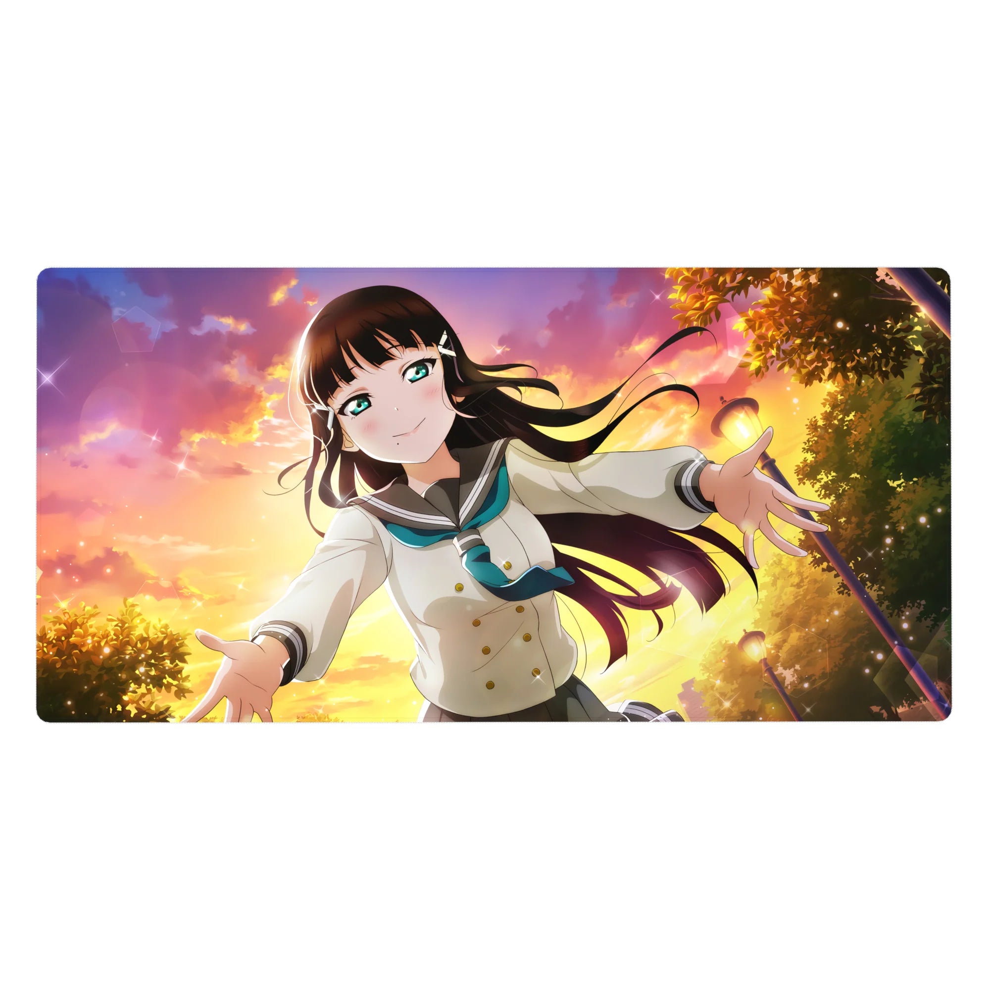 Anime girl desk pad 40x20 inches with schoolgirl in sailor uniform and sunset sky background.
