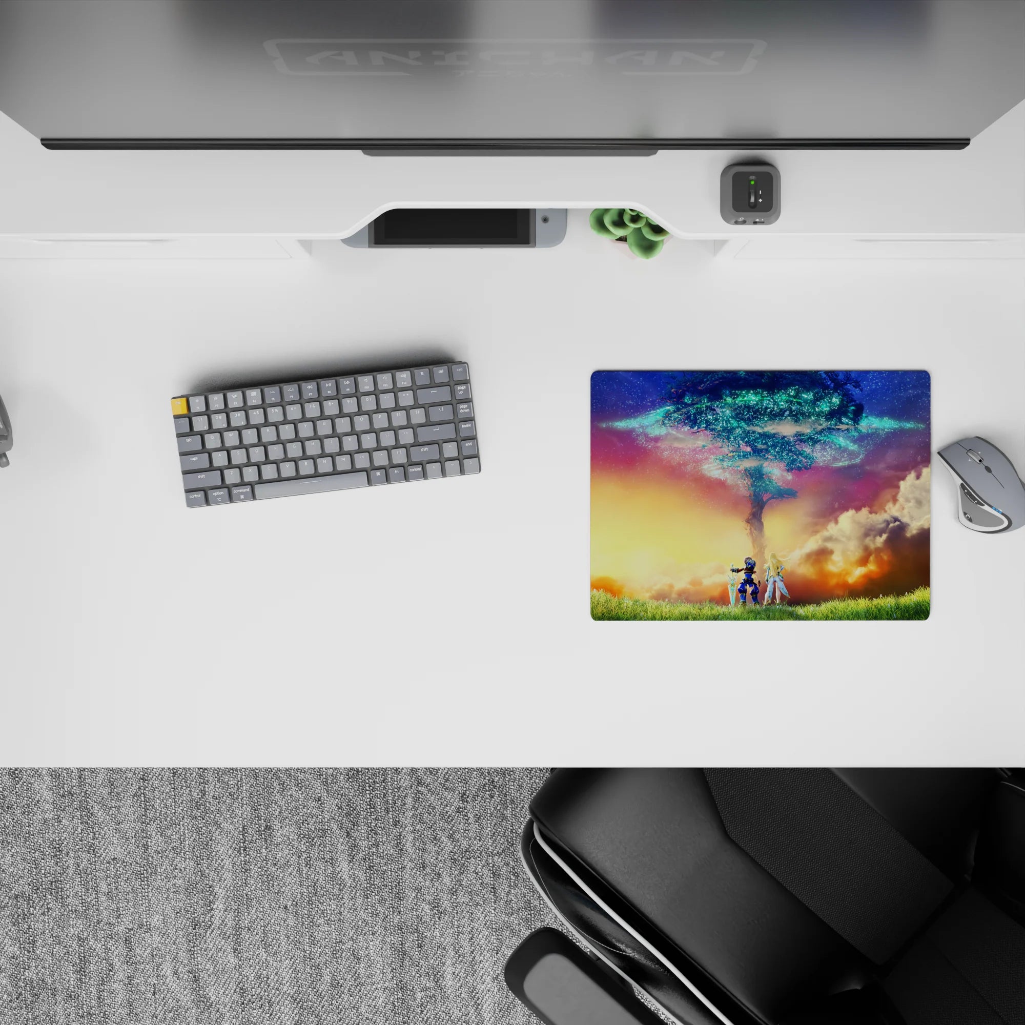 14x10 inches anime mouse pad in gold, coral, and teal with calm starlight rings and dreamy gradients.