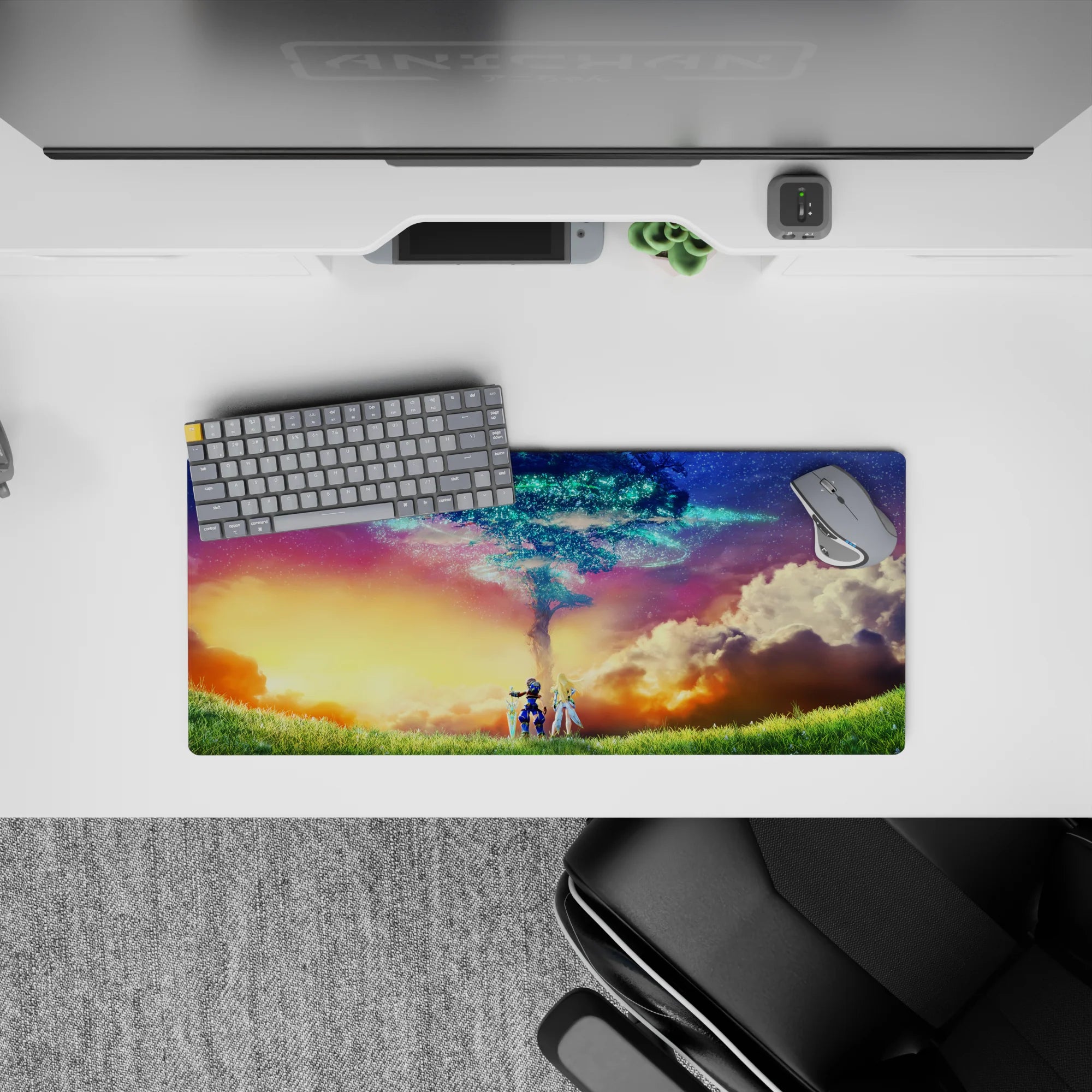 28x12 inches anime mouse pad in gold, coral, and teal with calm dreamy gradients and sparkly magic rings.