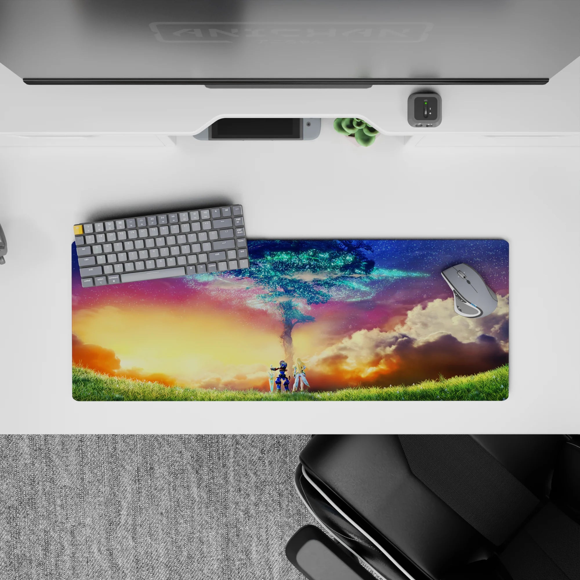 32x12 inches anime mouse pad in gold, coral, and teal starlight for a calm, dreamy desk vibe.