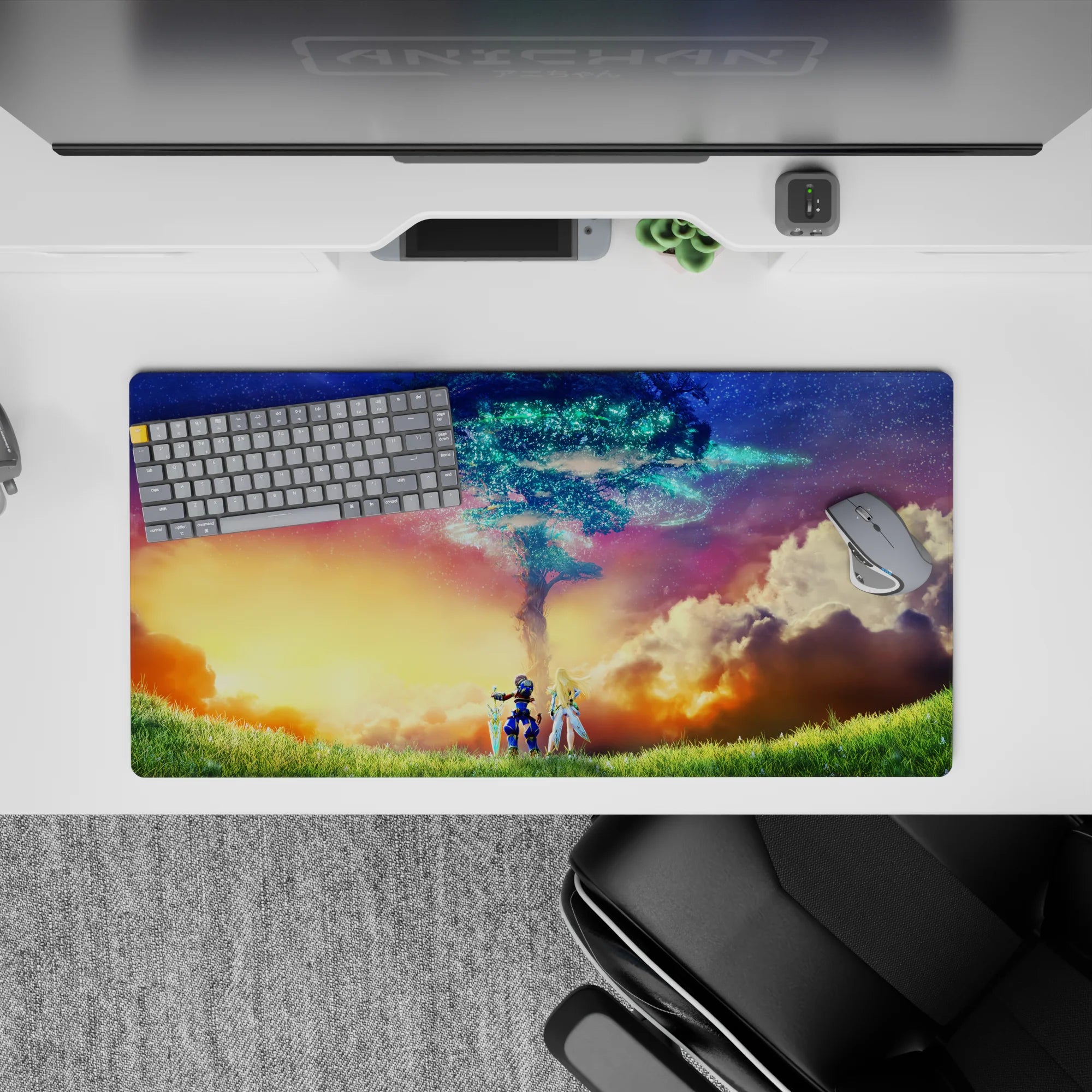 32x16 inches anime mouse pad in gold and coral gradients with teal starlight, calm dreamy vibe.