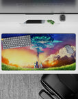 32x16 inches anime mouse pad in gold and coral gradients with teal starlight, calm dreamy vibe.