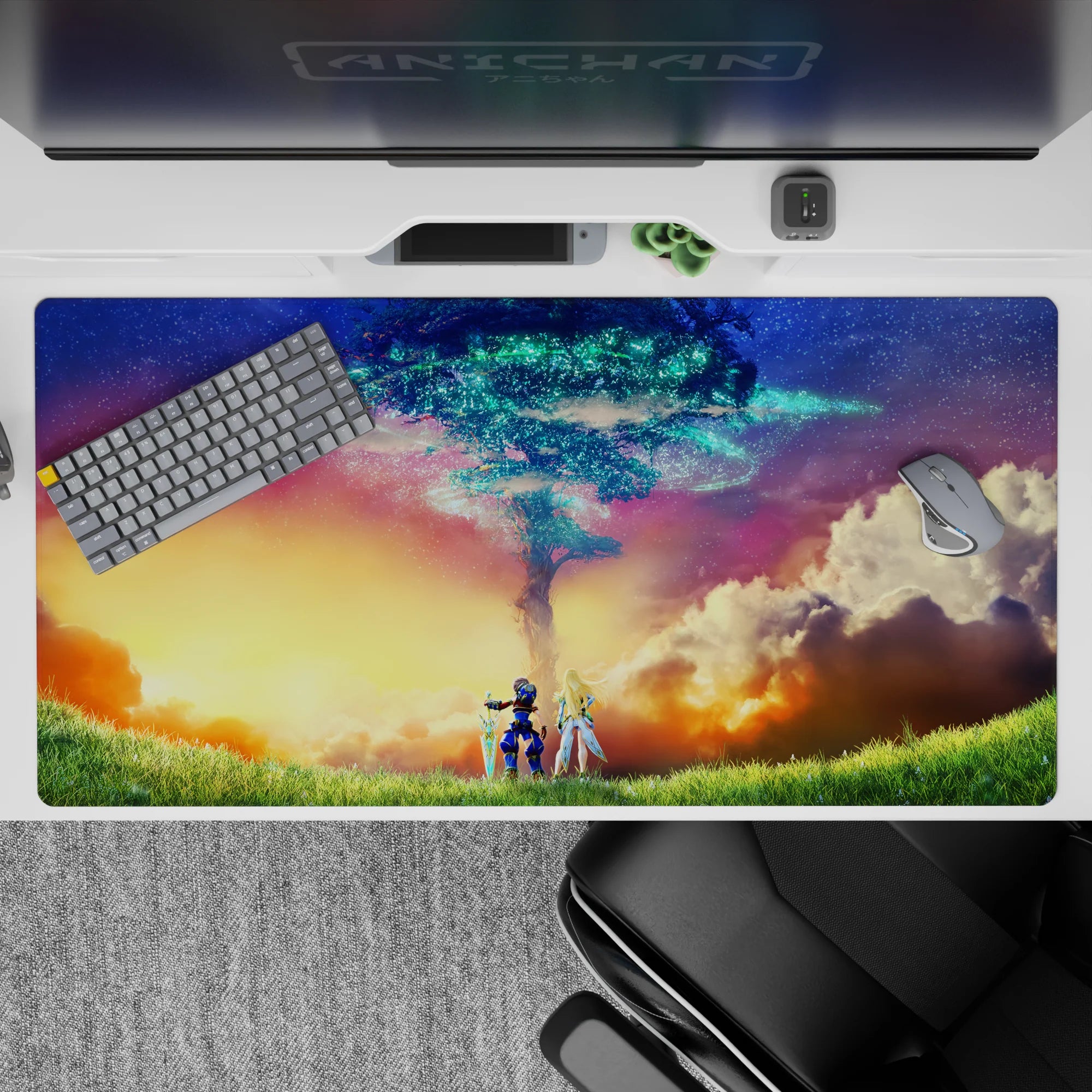 Dreamy gold-coral gradient anime desk pad 40x20 inches, teal magic rings, calm cozy starglow vibe.