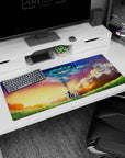 36x16 inches anime desk pad showing blue-armored swordsman beside robed mage under a swirling sky-tree.