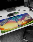 40x20 inches anime desk pad featuring blue-armored swordsman and robed mage beneath a giant sky-tree.