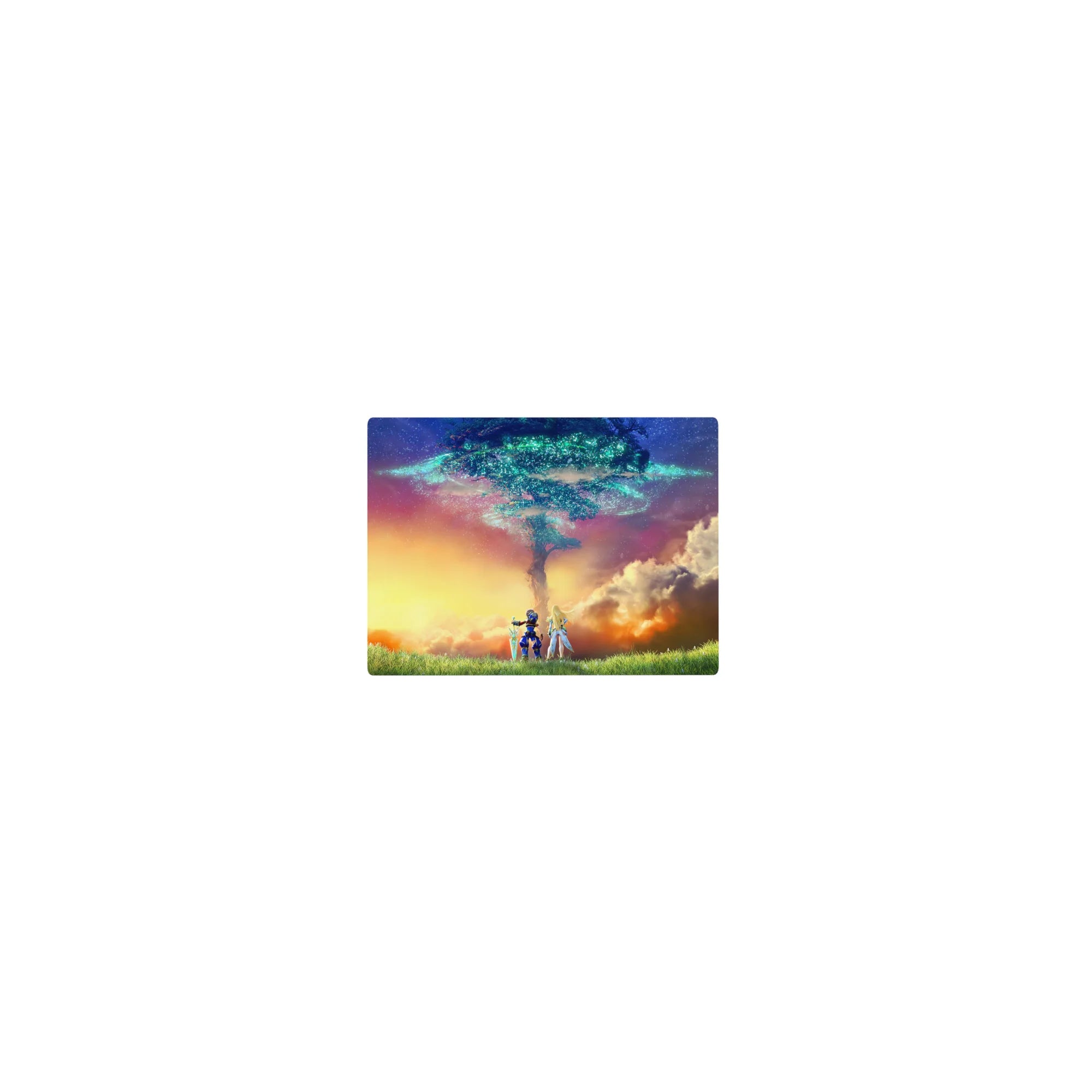 Classic anime mouse pad 14x10 inches with two heroes under a glowing sky-tree and golden horizon.