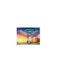 Classic anime mouse pad 14x10 inches with two heroes under a glowing sky-tree and golden horizon.